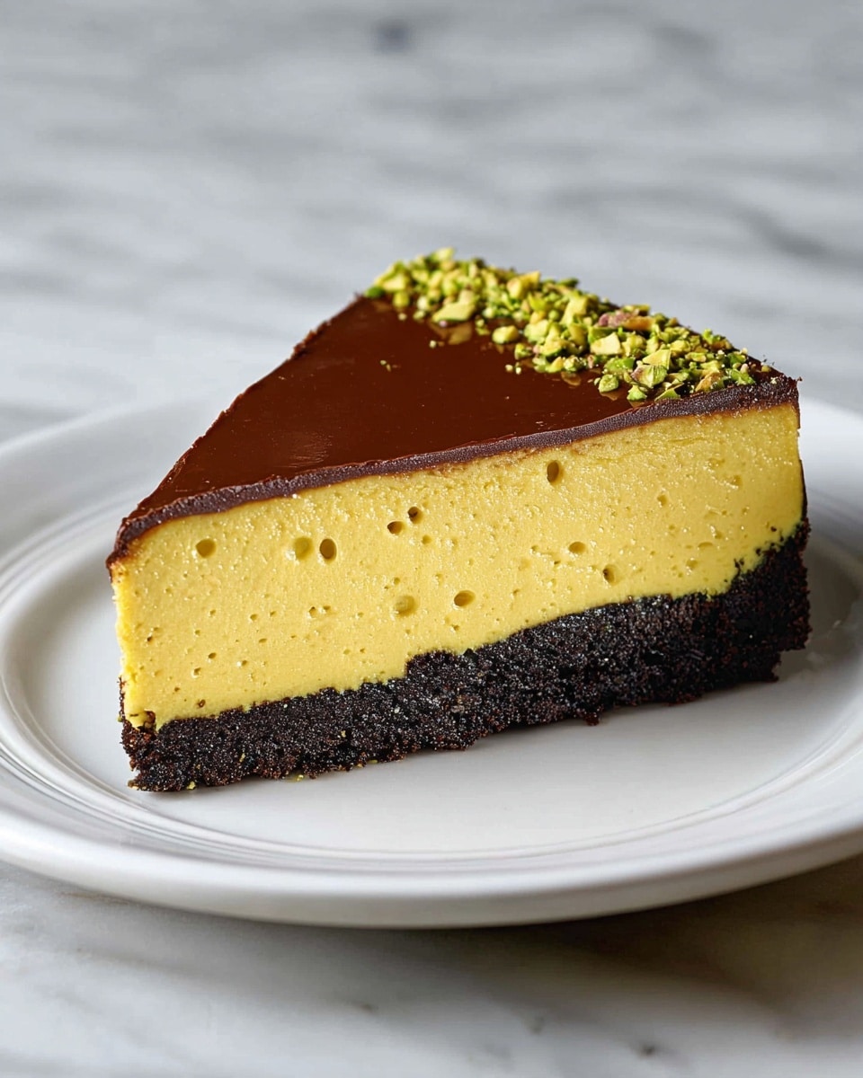 The image shows a slice of cake with three main layers arranged from bottom to top: a dark crumbly crust forming the base, a thick and smooth yellow filling with small air bubbles making up the middle layer, and a thin glossy chocolate layer covering the top. Small chopped green nuts are sprinkled along the edge of the chocolate layer, adding texture and color contrast. The slice is placed on a white plate with a simple design, and the background has a white marbled texture. Photo taken with an iphone --ar 4:5 --v 7