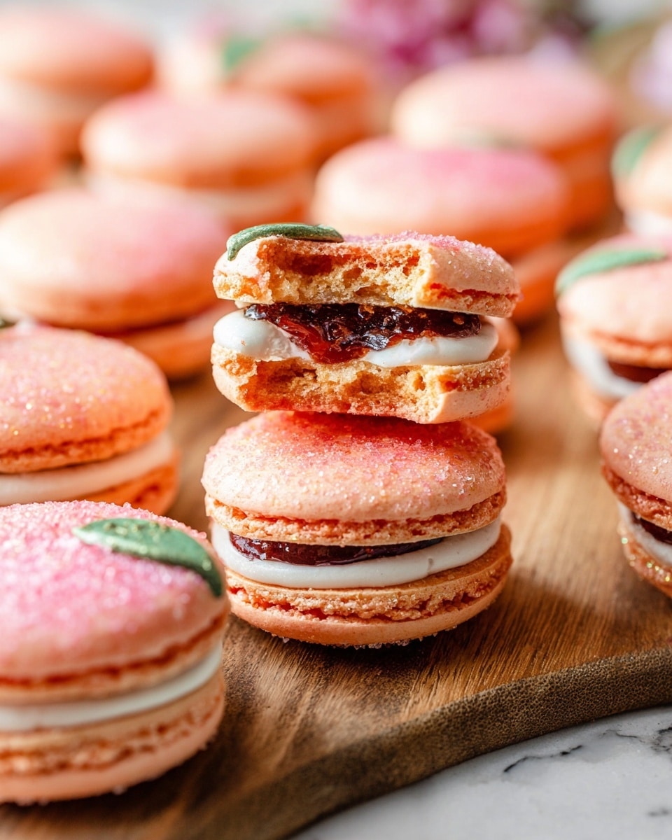 A close-up of several macarons arranged on a wooden board on a white marbled surface. Each macaron has two smooth, slightly textured, pinkish-orange shells with a gentle shimmer of sugar on top. The middle filling has two layers: the bottom layer is a dark, sticky fruit jam, and the top layer is a light, creamy white filling. One macaron is placed on top of another, with the top one broken in half, showing the two fillings inside clearly. Some macarons have subtle green leaf-shaped decorations on the side. The image has a soft depth of field, focusing on the macarons in the center. Photo taken with an iphone --ar 4:5 --v 7