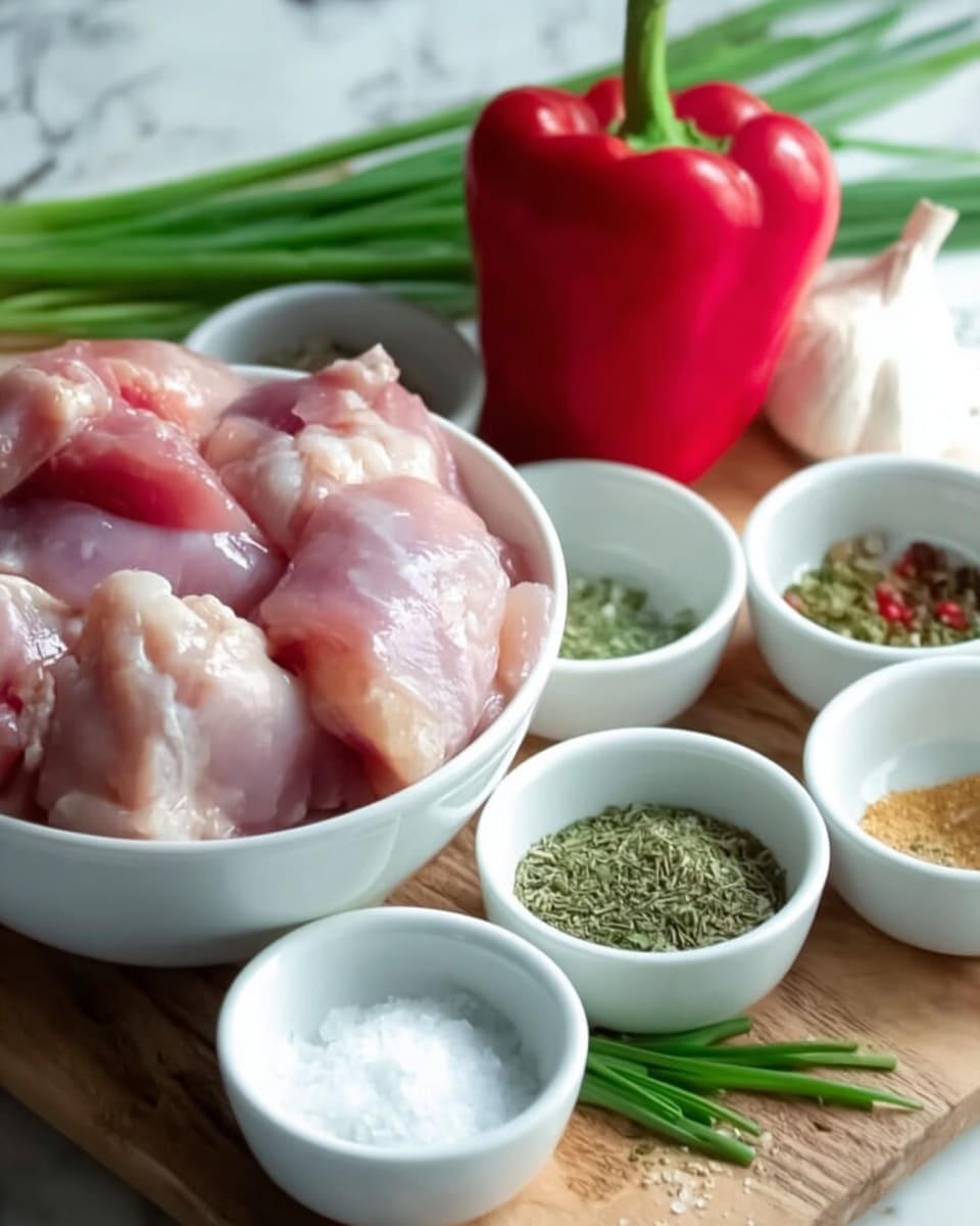 The image shows a white bowl filled with raw pink chicken pieces on the left side, placed on a wooden board. Around the bowl, there are various small white dishes containing coarse salt, green herbs, and other spices. In the background, there is a shiny red bell pepper and some long green chives resting on the board. The whole setup is on a white marbled surface. photo taken with an iphone --ar 4:5 --v 7