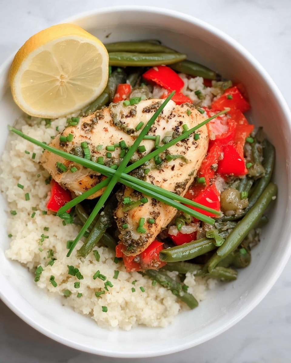 A white bowl holds a dish with four main layers. The bottom layer is light and grainy, made of cauliflower rice. On top of this is a layer of green beans that are cooked and cut into small pieces, mixed with chunks of red bell pepper. The third layer is a light brown piece of seasoned chicken, topped with small green chive pieces. Two longer green chives lie across the chicken in an X shape. At the side of the bowl is a fresh slice of lemon wedge. The bowl sits on a white marbled surface. Photo taken with an iphone --ar 4:5 --v 7