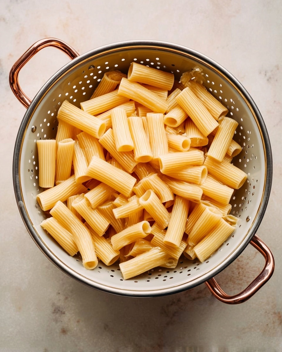 A silver colander filled with cooked rigatoni pasta sits on top of a white colander, both with copper handles. The rigatoni is pale yellow with a slightly shiny, smooth texture. The background is a white marbled surface. photo taken with an iphone --ar 4:5 --v 7