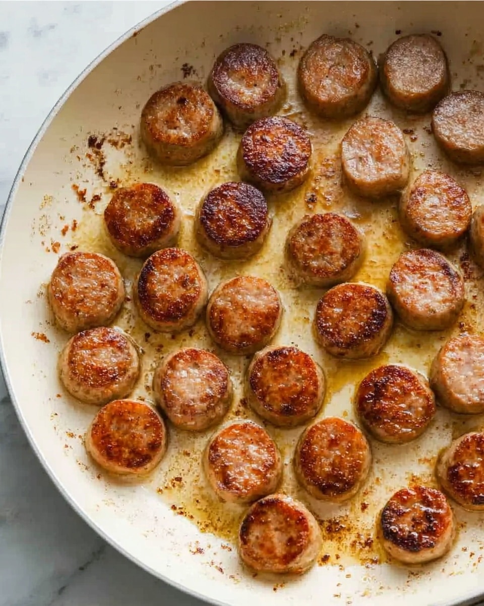 The image shows a white pan with many round slices of browned sausage cooking inside. The sausage pieces have a golden brown color with a slight crispy texture on the outside. The pan surface has small spots of oil and browned bits, showing the sausages have been cooked well. The sausages vary in size but are mostly medium-thick, evenly spread across the pan. The background is a white marbled texture. photo taken with an iphone --ar 4:5 --v 7