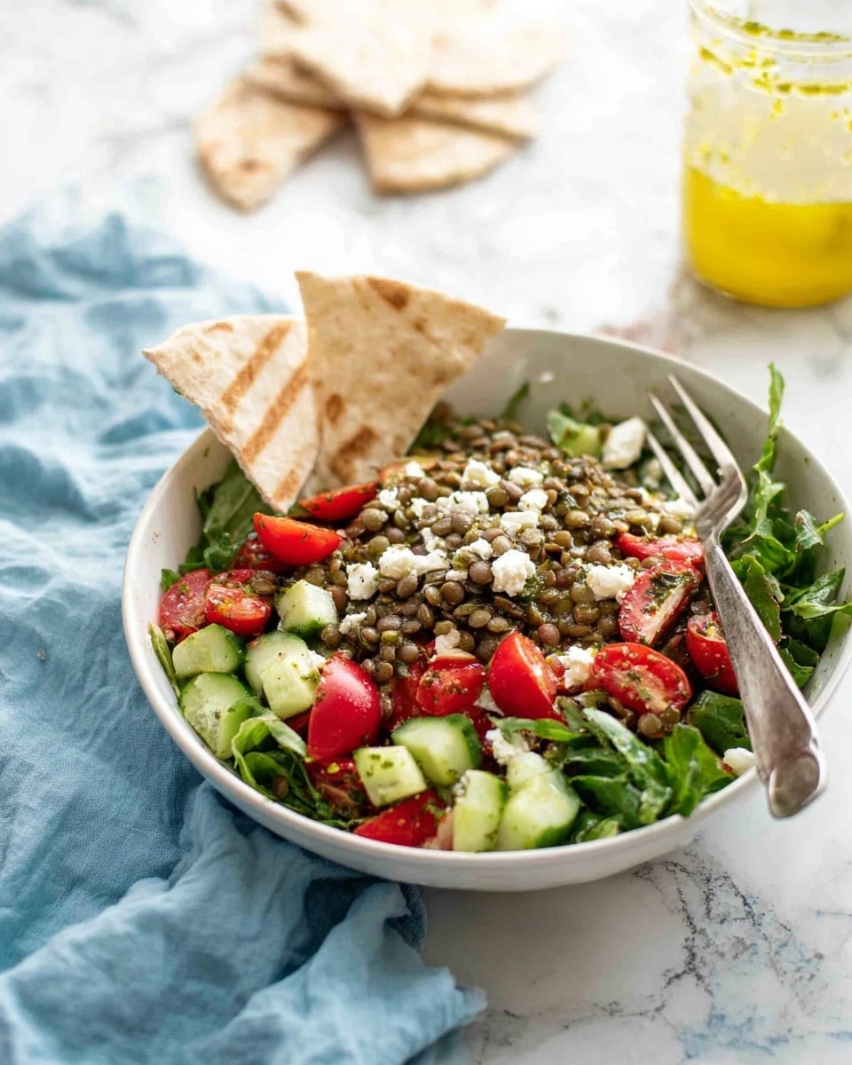 The image shows a white bowl filled with a colorful salad placed on a soft light blue cloth over a white marbled surface. The salad has three main layers: the bottom layer is made of green leafy vegetables, the middle layer consists of green lentils mixed with bright red cherry tomatoes and light green cucumber chunks, and the top layer has small pieces of white cheese scattered across. Inside the bowl, there are two pieces of crisp white flatbread standing upright on the left side. A silver fork is placed inside the bowl, resting on the right edge. In the background, on the white marbled surface, there is a glass jar with yellow dressing and some extra flatbread pieces lying down. The photo is taken with an iphone --ar 4:5 --v 7