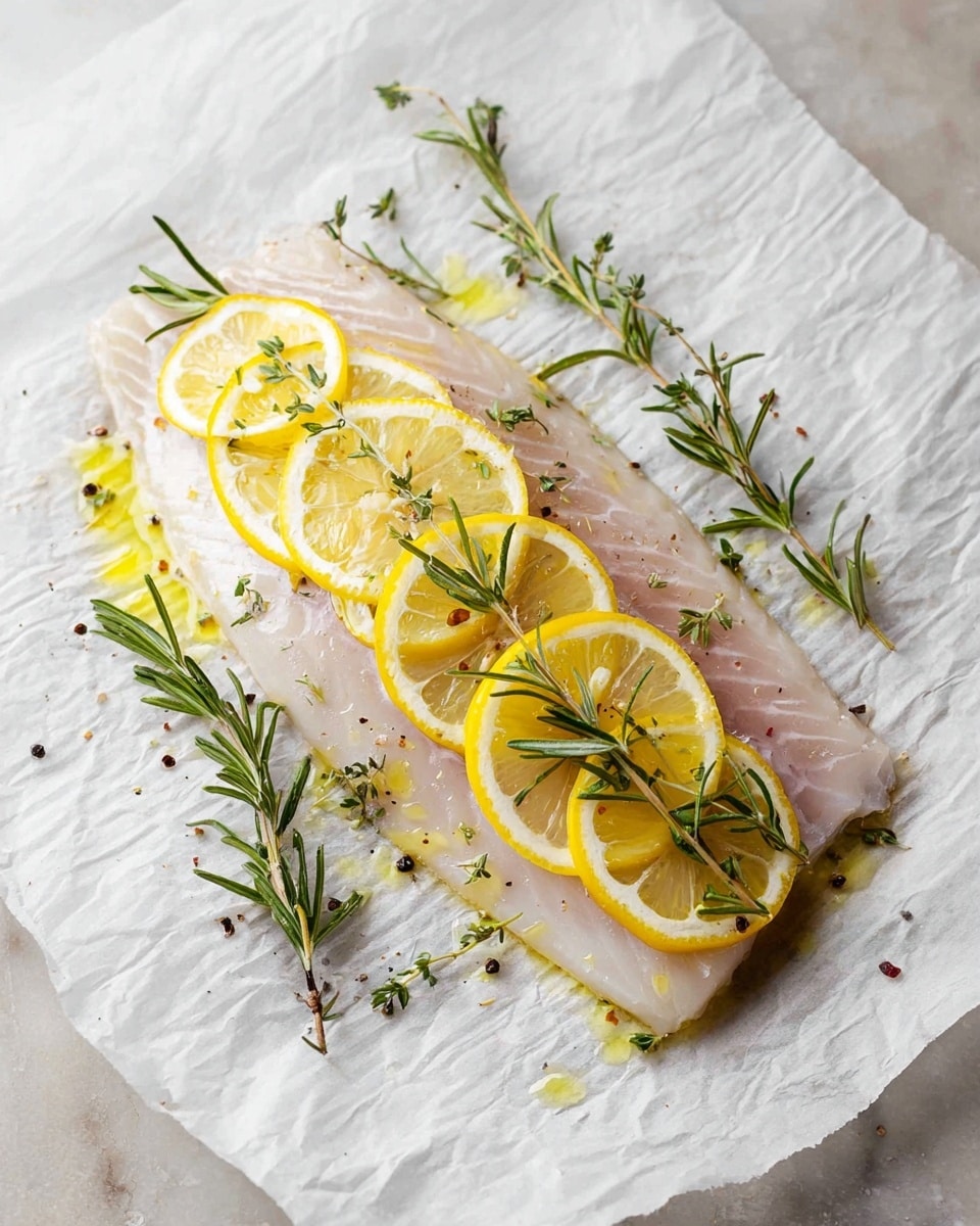 A single piece of light pink fish fillet lies flat on white parchment paper with a subtle criss-cross texture, placed on a white marbled surface. On top of the fillet are six thin lemon slices arranged in two slightly overlapping rows across the fish, each slice bright yellow with a translucent pulpy texture. Fresh green rosemary and thyme sprigs are scattered across and around the fish, adding contrast with their fine needle-like and delicate leafy textures. Light droplets of golden olive oil glisten on the lemon slices and fish, while a sprinkle of black pepper provides small dark specks over the surface, creating an inviting fresh and natural look. photo taken with an iphone --ar 4:5 --v 7
