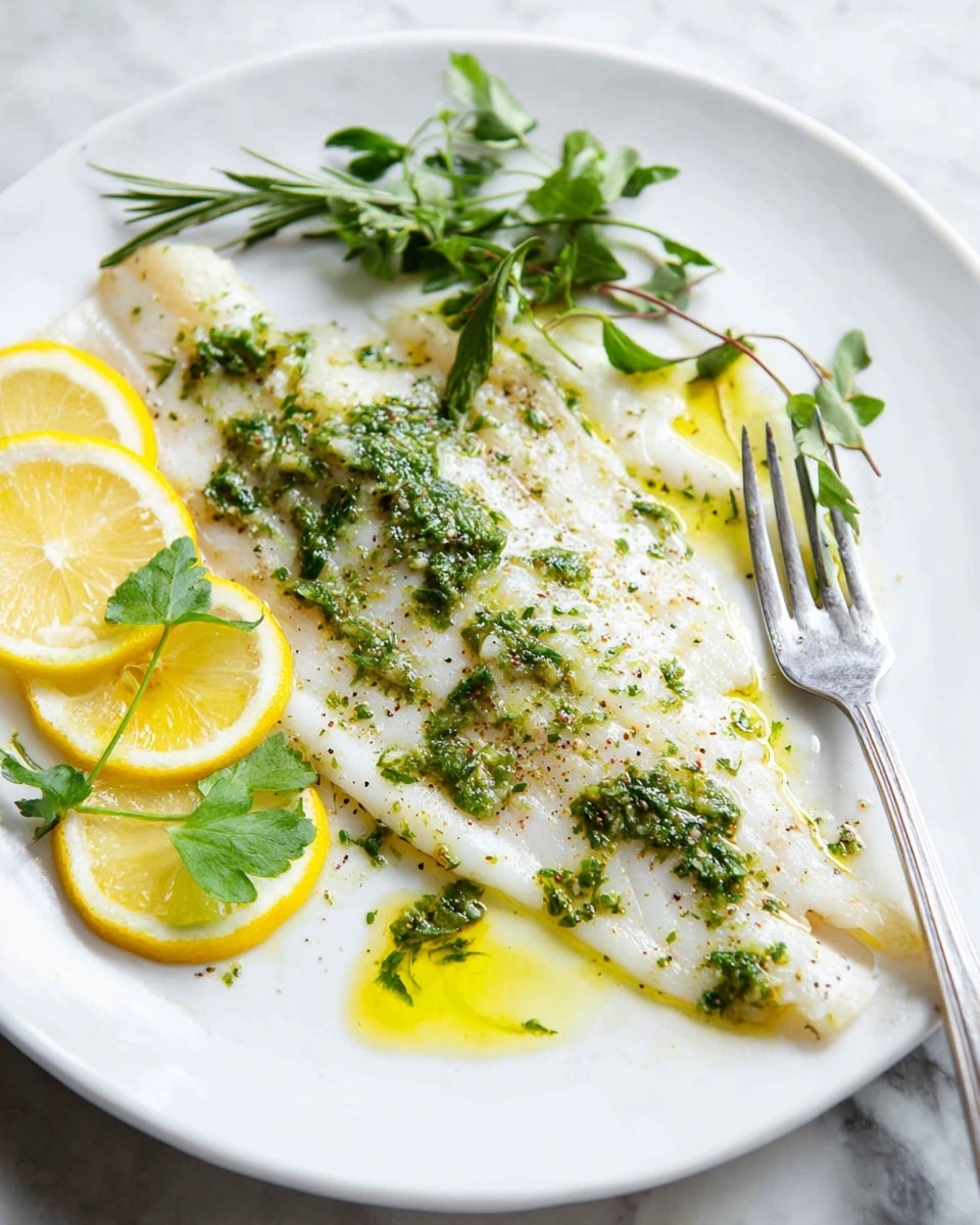 A large white fish fillet lies flat on a white plate, its surface slightly golden with some herbs sprinkled over it. Bright green herb sauce is spread in small patches across the fish, with a drizzle of olive oil around it, adding a shiny texture. Thin yellow lemon slices are arranged along one side of the fillet, overlapping each other. Fresh green herbs, including sprigs of rosemary and parsley, are placed at the top end of the fish. A silver fork rests on the right edge of the plate. The plate is set on a white marbled surface. Photo taken with an iphone --ar 4:5 --v 7