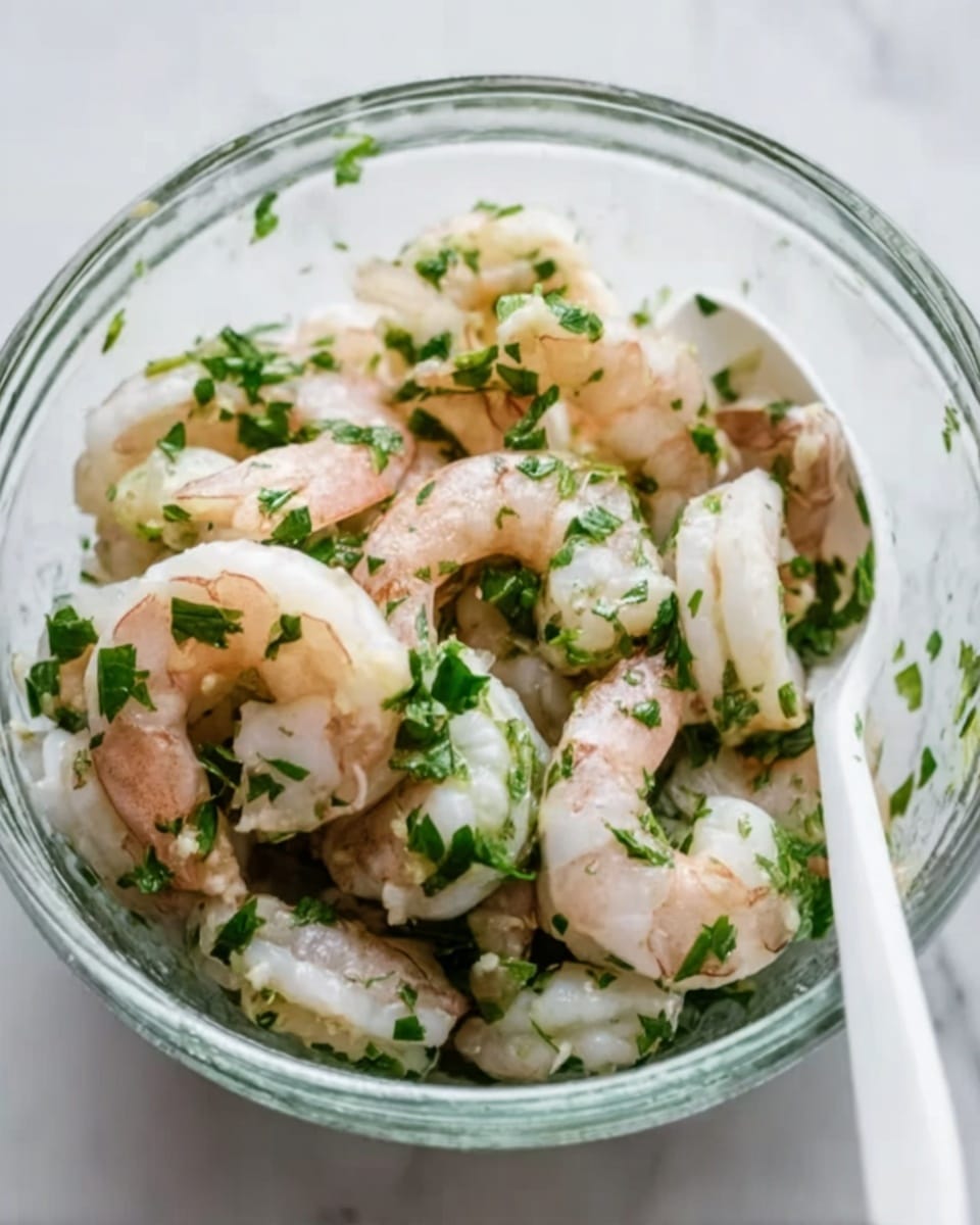 A clear glass bowl filled with shrimp mixed with finely chopped green herbs. The shrimp are light pink with some parts white, showing a slightly shiny and moist texture. The green herbs are scattered evenly throughout, adding small bright green spots on top of and around the shrimp. The bowl sits on a white marbled surface, with a white spoon resting inside on the right side. The overall look is fresh and simple. photo taken with an iphone --ar 4:5 --v 7
