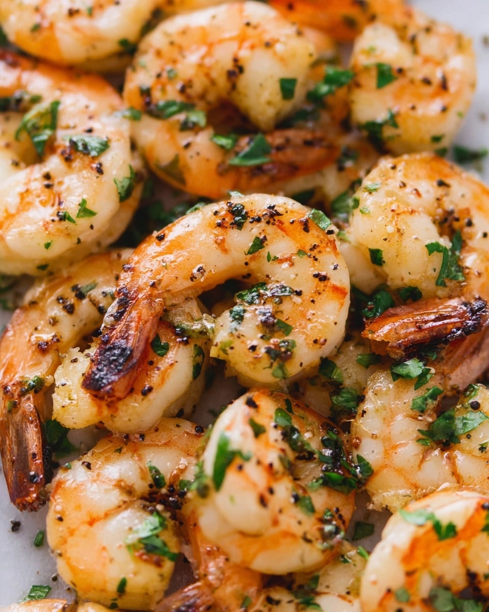 The image shows a close-up of many grilled shrimp. Each shrimp is curved with a light pink and white body, and the tail is a deeper orange with some dark grilled spots. Small green herb pieces are spread over the shrimp, adding specks of green over the pink and white colors. The shrimp have a slightly shiny look from oil or seasoning, with some black pepper dots visible. The background is a white marbled texture. Photo taken with an iphone --ar 4:5 --v 7