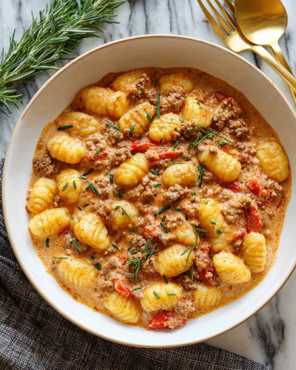 A white bowl filled with three layers: the bottom layer is a creamy, slightly chunky light brown sauce with visible bits of cooked ground meat and diced red tomatoes; on top, plump, ridged yellow gnocchi pieces are scattered evenly; the dish is garnished with small green herb pieces sprinkled across the surface. The bowl sits on a white marbled texture, with a sprig of fresh rosemary placed next to it and a gold fork and spoon set nearby. Photo taken with an iphone --ar 4:5 --v 7