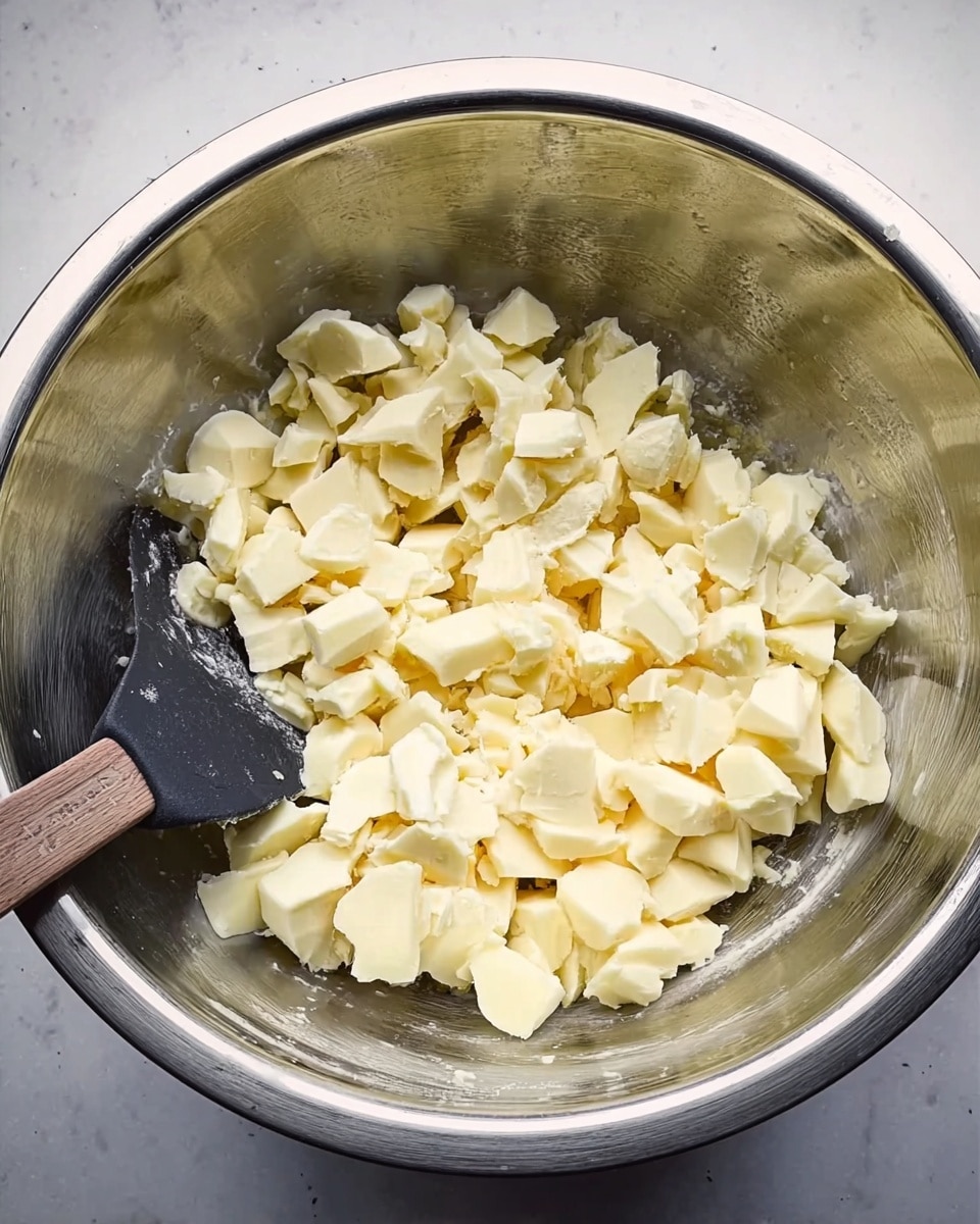 A large shiny metal bowl filled with small and medium chunks of pale yellow solid pieces, slightly creamy in texture, with a black silicone spatula resting on the left side of the bowl, all placed on a white marbled surface photo taken with an iphone --ar 4:5 --v 7