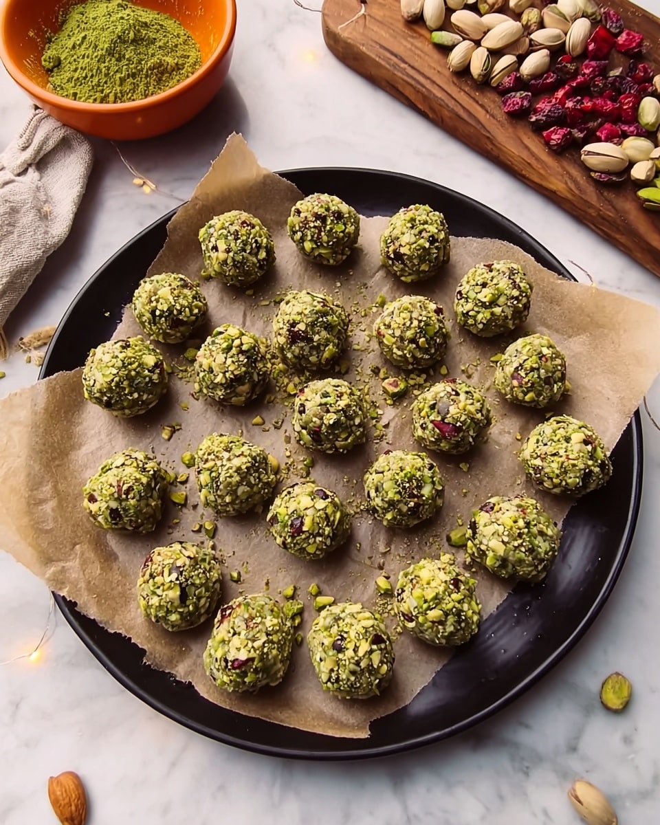 A black round plate lined with light brown parchment paper holds 23 small, round, greenish nut balls covered with crushed pistachio bits, arranged in a scattered pattern. In the top left background, an orange bowl filled with green powder rests on a white marbled surface. On the top right, a wooden board displays pistachio nuts and red seeds, with some pistachios scattered on the white marbled background. Soft warm lights add a cozy ambiance. Photo taken with an iphone --ar 4:5 --v 7