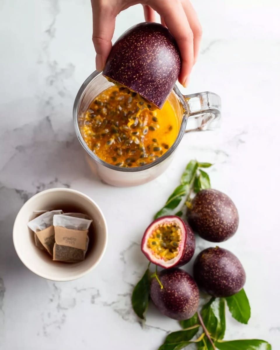 The image shows a woman's hand squeezing bright orange passion fruit pulp out of a deep purple passion fruit shell into a clear glass container with a handle, filled with a mixture of passion fruit seeds and juice. Below this, there is a white cup with two brown tea bags inside, and to the right, three whole passion fruits with rough purple skins and some green leaves are placed on a white marbled surface. The colors highlight the contrast between the dark purple outer fruit and the vibrant orange pulp inside. Photo taken with an iphone --ar 4:5 --v 7