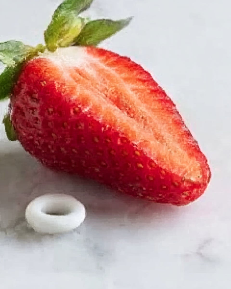 A close-up image of a single, fresh red strawberry sliced in half, showing its juicy, bright red inside with tiny seeds dotting the surface, resting on a clean white marbled texture. The green leaves and stem are still attached to the top of the strawberry, adding a natural touch. Near the strawberry, there is a small white ring-shaped item lying flat. The overall look is fresh, simple, and clean. Photo taken with an iphone --ar 4:5 --v 7