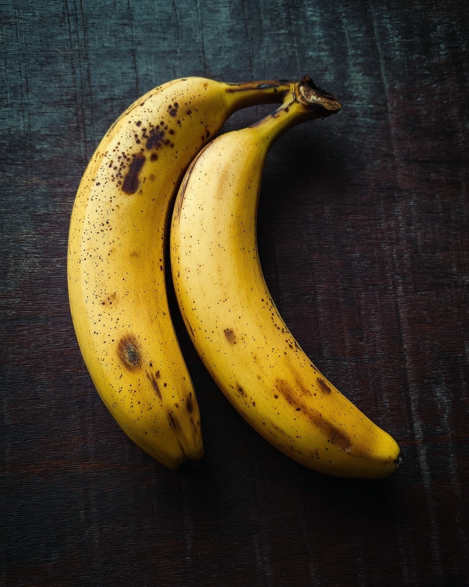 Two ripe yellow bananas with brown spots are placed close to each other on a dark wooden surface. The bananas have slightly curved shapes, with their stems at the top and the tips pointing down. The skin texture shows natural blemishes and freckles, giving them a fresh and natural look. photo taken with an iphone --ar 4:5 --v 7