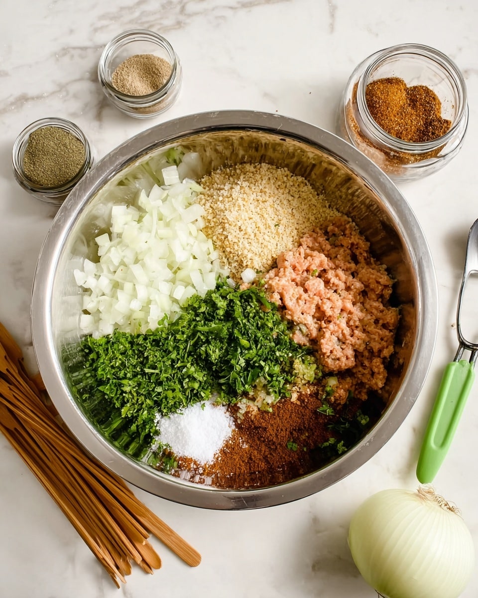 A large silver metal bowl filled with six distinct layers of ingredients arranged separately inside: finely chopped white onion in the top left, light brown breadcrumbs taking the top right half, bright green chopped parsley covering the bottom left, a light pink creamy layer of ground meat in the middle bottom, dark brown powdered spice piled on the bottom right, and a small white salt mound just above the spice. The bowl is placed on a white marbled surface with five wooden skewers on the left, a clear jar with brown spice in the top right, a silver measuring spoon with a green handle beside it, and a halved white onion at the bottom right. photo taken with an iphone --ar 4:5 --v 7