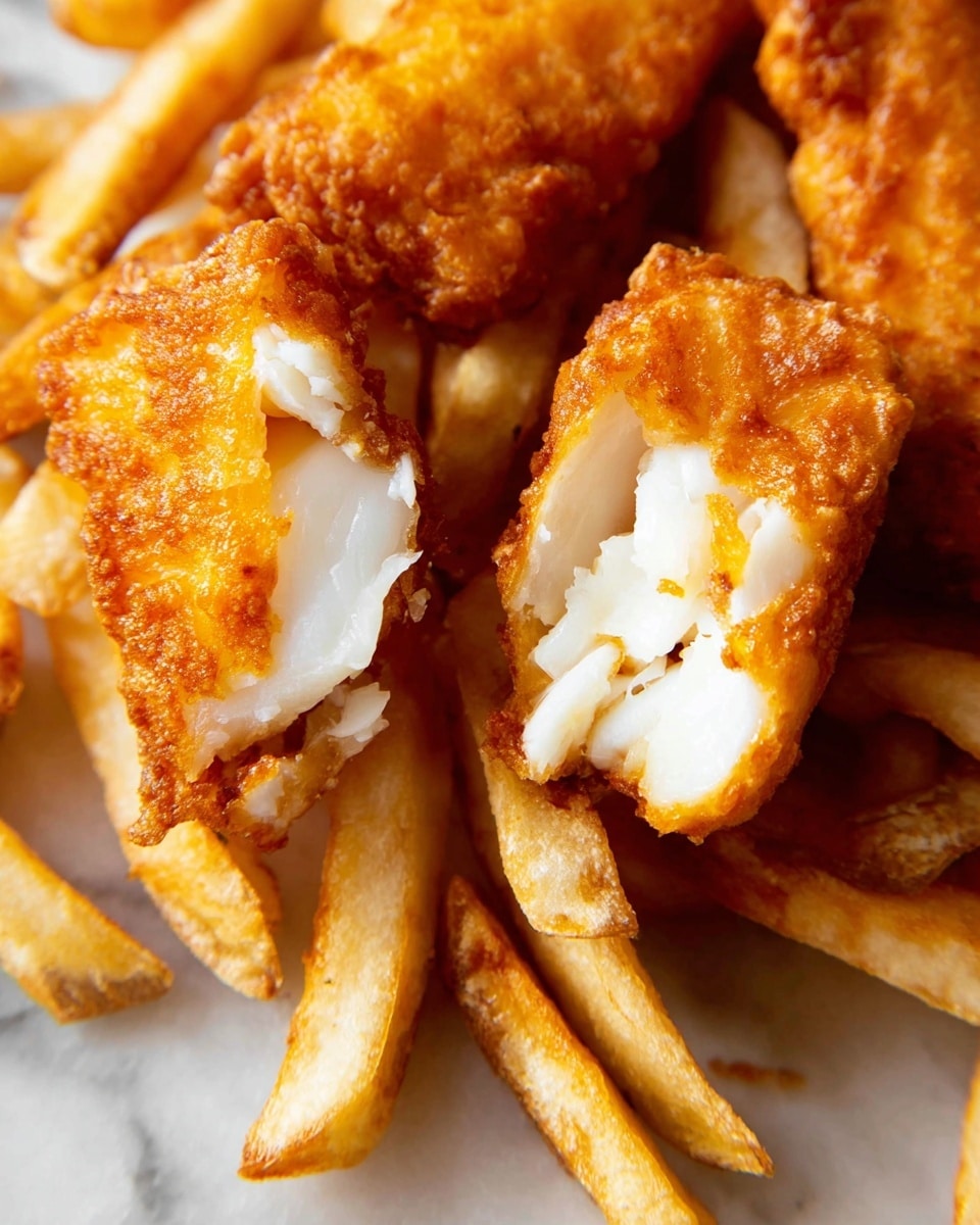 The image shows a close-up of crispy fried fish sticks and thick-cut French fries on a white marbled surface. The fish sticks have a golden brown, crunchy outer layer with a soft white fish inside, clearly visible in one fish stick broken in half placed on top of the fries. The fries are thick, golden yellow with slightly browned edges, scattered around and underneath the fish sticks. The textures of the crunchy fish coating and the soft, flaky fish layers contrast against the crisp, firm fries. Photo taken with an iphone --ar 4:5 --v 7