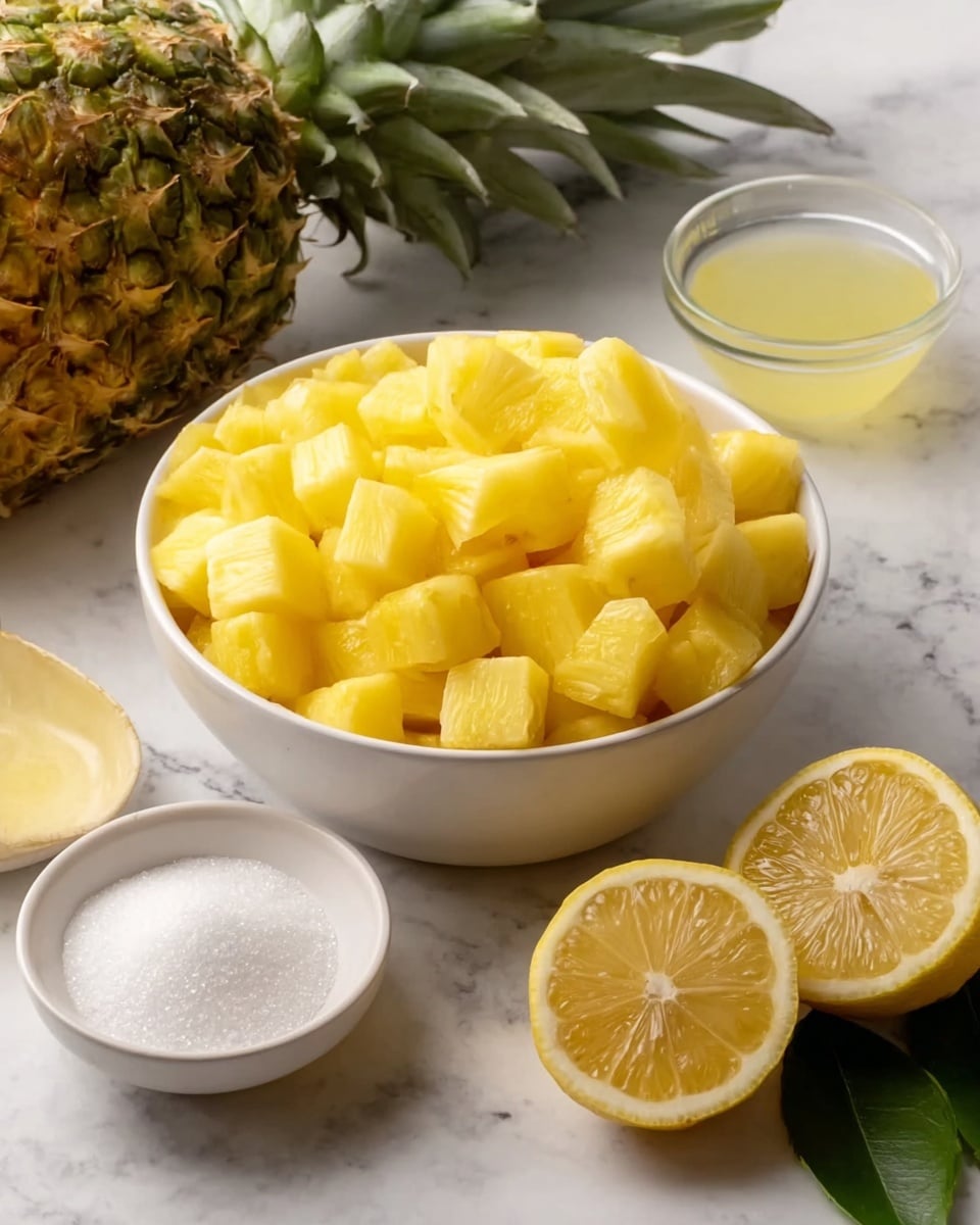 A white bowl filled with many pieces of bright yellow pineapple cut into small triangular chunks fills the center of the image. In front of the bowl, there is a smaller white bowl on the left filled with white granulated sugar, and a clear small glass bowl with light yellow juice next to it. On the right side, there is a half lemon and two lemon wedges placed on a white marbled surface. A green leaf with seeds is visible near the lemon. Behind the large bowl, a whole pineapple with green spiky leaves is partially visible. Photo taken with an iphone --ar 4:5 --v 7