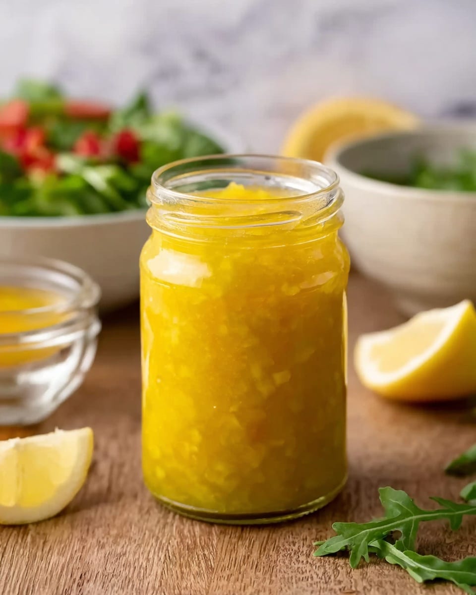 The image shows a clear glass jar filled with a bright yellow chunky mixture. The jar is placed on a wooden surface with a sprig of green herbs nearby. Around the jar, there are small glass bowls, one containing a similar yellow mixture and another with lemon slices. In the background, a white bowl holds a fresh salad with green leaves and red tomato pieces, all set against a soft blurred white marbled texture. The photo taken with an iphone --ar 4:5 --v 7