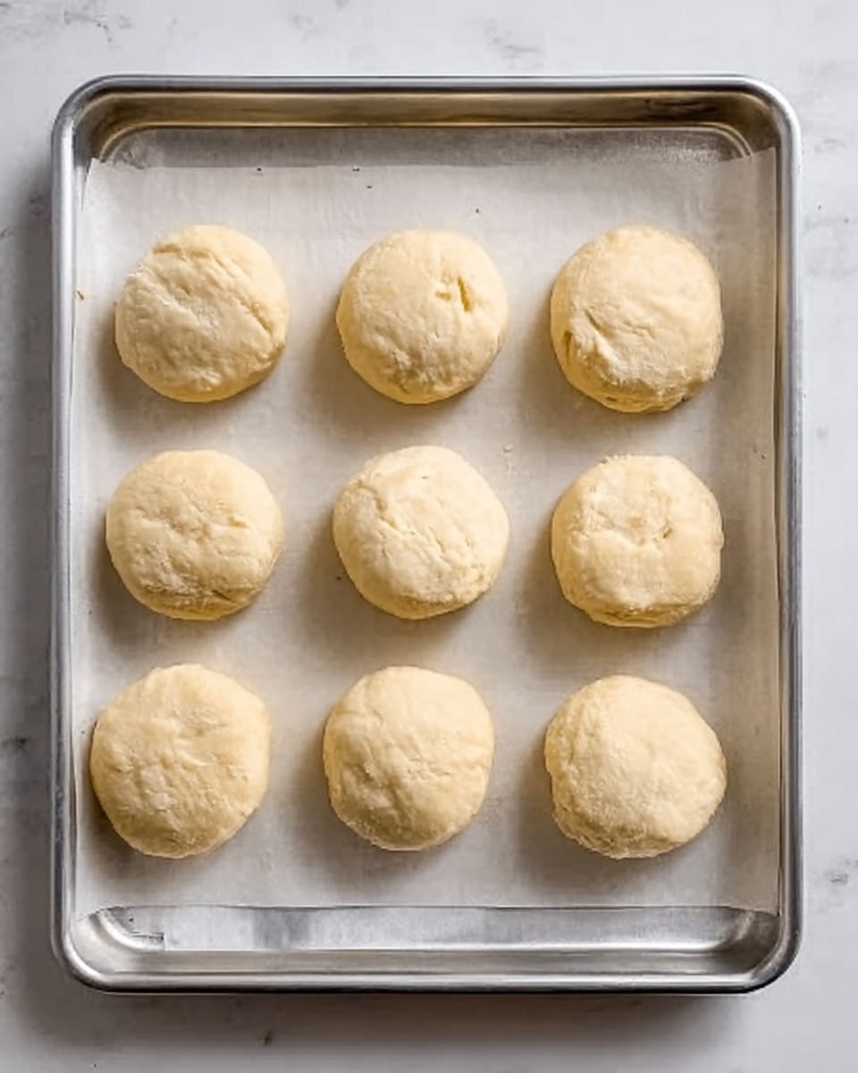 The image shows a metal baking tray lined with white parchment paper, holding nine round dough pieces evenly spaced. Each dough piece is pale beige in color with a smooth texture and slight uneven edges, indicating they are uncooked. The dough pieces are arranged in three rows with three pieces in each row, and the tray sits on a white marbled surface. photo taken with an iphone --ar 4:5 --v 7