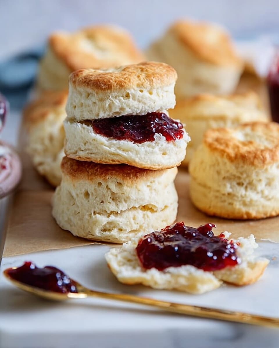 The image shows a stack of three light golden-brown biscuits with a soft, fluffy inside. On top of the stack, there is a biscuit broken in half, with one half topped with dark red jam. In front, there is a biscuit piece spread with the same jam and a gold spoon with jam next to it. More plain biscuits are in the background, all placed on a white marbled surface with a white board underneath. Photo taken with an iphone --ar 4:5 --v 7