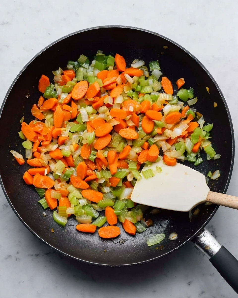 A black frying pan sits on a white marbled surface filled with a mix of cooked vegetables. The bottom layer shows bright orange slices of carrots mingled with light green celery pieces and small white bits of onion. A white spatula with a smooth, slightly glossy texture is resting on the vegetables inside the pan, positioned from the bottom center toward the top right of the pan. The vegetables look soft and slightly shiny, indicating they are being cooked. photo taken with an iphone --ar 4:5 --v 7