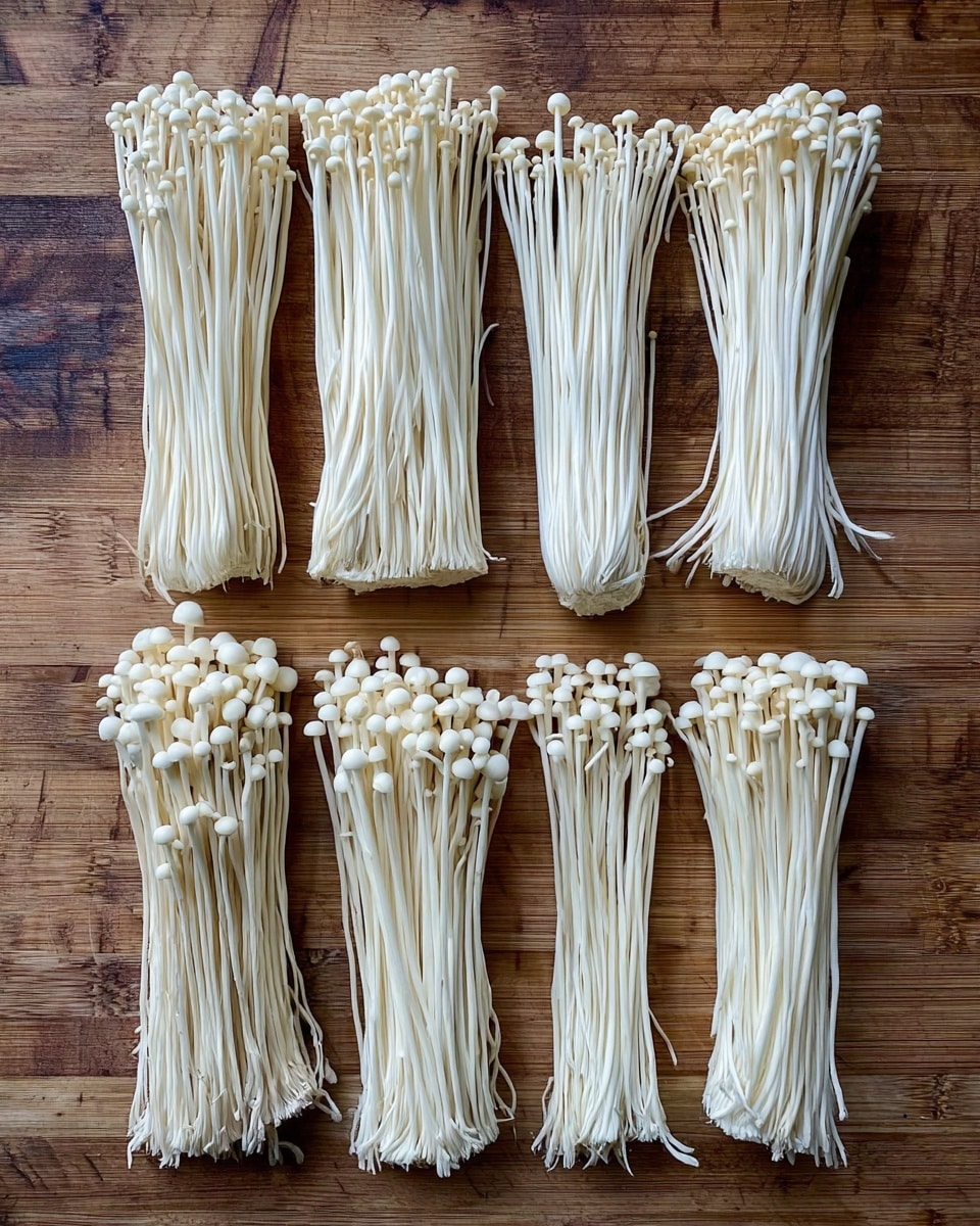 The image shows ten bundles of white enoki mushrooms neatly arranged on a wooden surface with a natural grain pattern. The top two rows each contain four vertical bundles, with long thin stems and small round caps clustered tightly together. At the bottom, two horizontal bundles mirror each other, also showing the same thin white stems and small mushroom caps. The texture of the mushrooms is smooth and slightly shiny, contrasting softly with the subtle wooden grain beneath them. The photo taken with an iphone --ar 4:5 --v 7