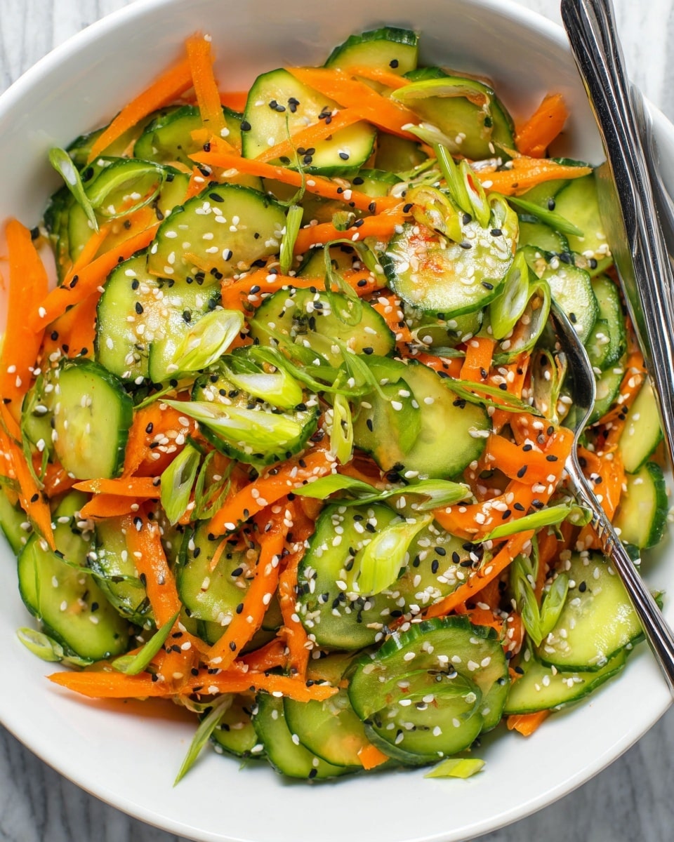 The image shows a white bowl filled with a fresh salad made of sliced green cucumbers and thin, bright orange carrot strips. The vegetables are mixed together and sprinkled with white and black sesame seeds, adding small dots of contrasting color. There are thin slices of fresh green onion scattered throughout the salad, giving a fresh look with layers of green on top. Two silver forks rest on the right side inside the bowl. The bowl is placed on a white marbled surface. photo taken with an iphone --ar 4:5 --v 7