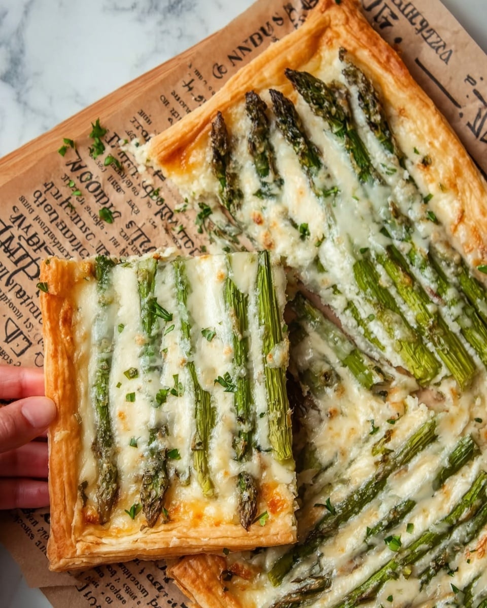 The image shows a rectangular tart with a golden-brown flaky crust as the bottom layer, topped with two sections of green asparagus spears arranged lengthwise, covered by a layer of melted white cheese with a slightly bubbly texture. The tart is cut into pieces, revealing the cheese stretching slightly on the cut edges. Small bits of green herbs are sprinkled on top of the cheese for decoration. The tart rests on paper with printed text, placed on a white marbled background. A woman’s hand is holding one slice of the tart. Photo taken with an iphone --ar 4:5 --v 7