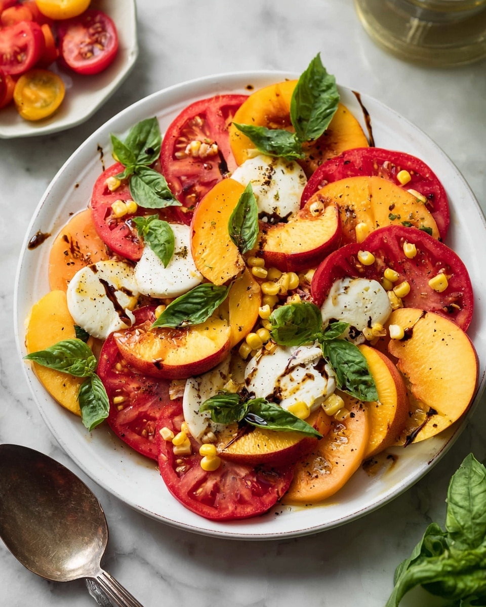 A white plate holds a colorful salad with several layers arranged in a loose stack. The bottom layer consists of large, bright red tomato slices showing juicy, textured flesh. Interspersed on top are white round slices of soft cheese, glossy and smooth. Bright orange-yellow peach slices are layered next, adding a soft texture and a warm tone. Small grilled yellow corn kernels are scattered across the salad, adding a grainy texture and vibrant color contrast. Fresh green basil leaves are placed around and on top, giving a leafy and fresh look. The salad is sprinkled with coarse black pepper and drizzled with dark balsamic glaze, visible as shiny spots and streaks. In the background is a white marbled surface with a shiny spoon nearby and part of a small white dish holding tomato slices and basil. Photo taken with an iphone --ar 4:5 --v 7