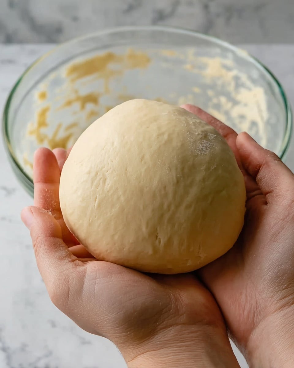 A close-up image of smooth, pale beige dough ball resting gently in a pair of woman's hands. The dough has a soft, slightly shiny surface with no cracks or rough spots. Behind the hands is a clear glass bowl with remnants of dough stuck on the sides, placed on a white marbled surface. photo taken with an iphone --ar 4:5 --v 7
