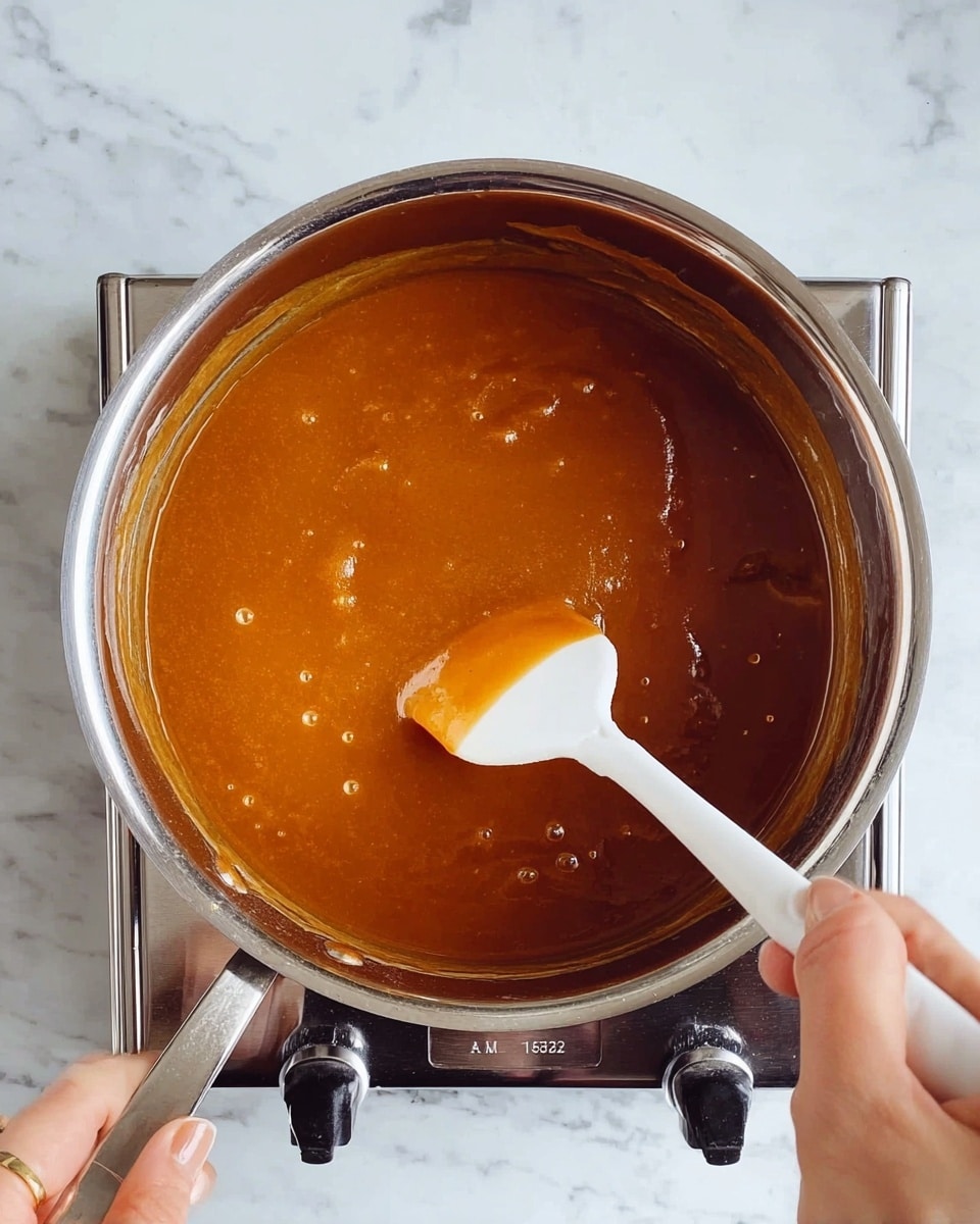 A shiny silver pot filled with smooth, thick orange-brown sauce is being stirred by a white spatula held in a woman's hand, with another woman's hand steadying the pot's handle; the pot sits on a silver stovetop against a white marbled surface background. photo taken with an iphone --ar 4:5 --v 7