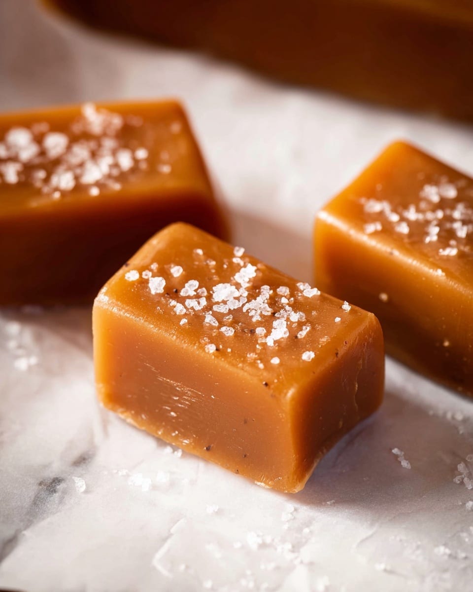 The image shows three soft caramel candy blocks placed on white parchment paper over a white marbled surface. Each caramel block is a smooth, shiny light brown color with tiny black vanilla seeds speckled inside. The top of each candy is sprinkled with coarse sea salt crystals that add texture and brilliance. The caramel blocks have rounded edges and look thick and chewy. The background softly blurs into warm brown tones, creating a cozy atmosphere. photo taken with an iphone --ar 4:5 --v 7