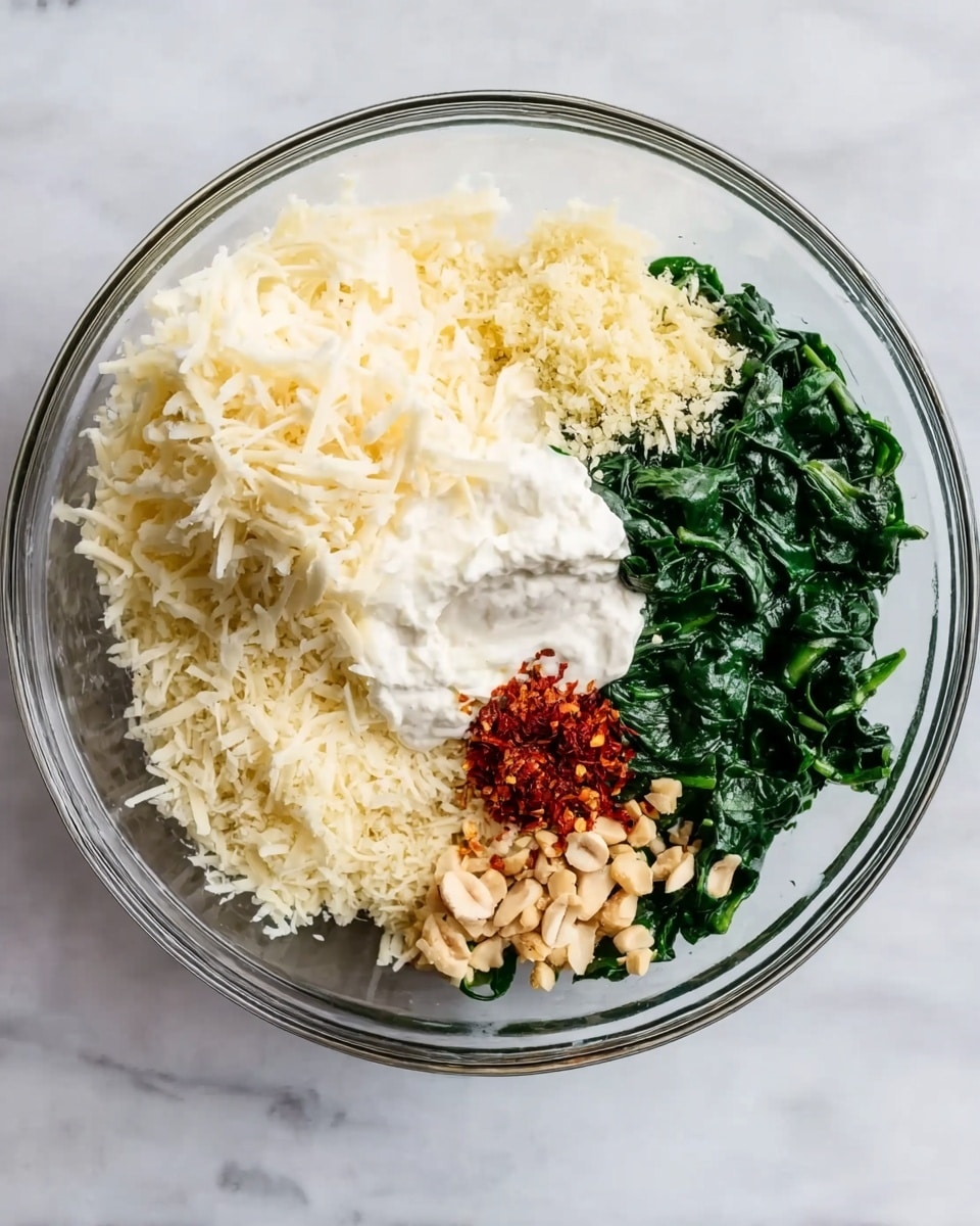 A clear glass bowl holds six distinct layers, each neatly separated. On the top left, there is a mound of white shredded cheese. To the right of the cheese is a pile of finely chopped light yellow garlic. Below the garlic, there is a heap of dark green cooked spinach with a slightly wet texture. Under the spinach, a large dollop of thick white cream is placed centrally. To the left of the cream, there is light yellow shredded cheese with a softer texture. Below the cream, there are small pieces of light beige chopped nuts. Finally, a small sprinkle of bright red chili flakes sits between the nuts and the shredded cheese. The bowl rests on a white marbled surface. Photo taken with an iphone --ar 4:5 --v 7