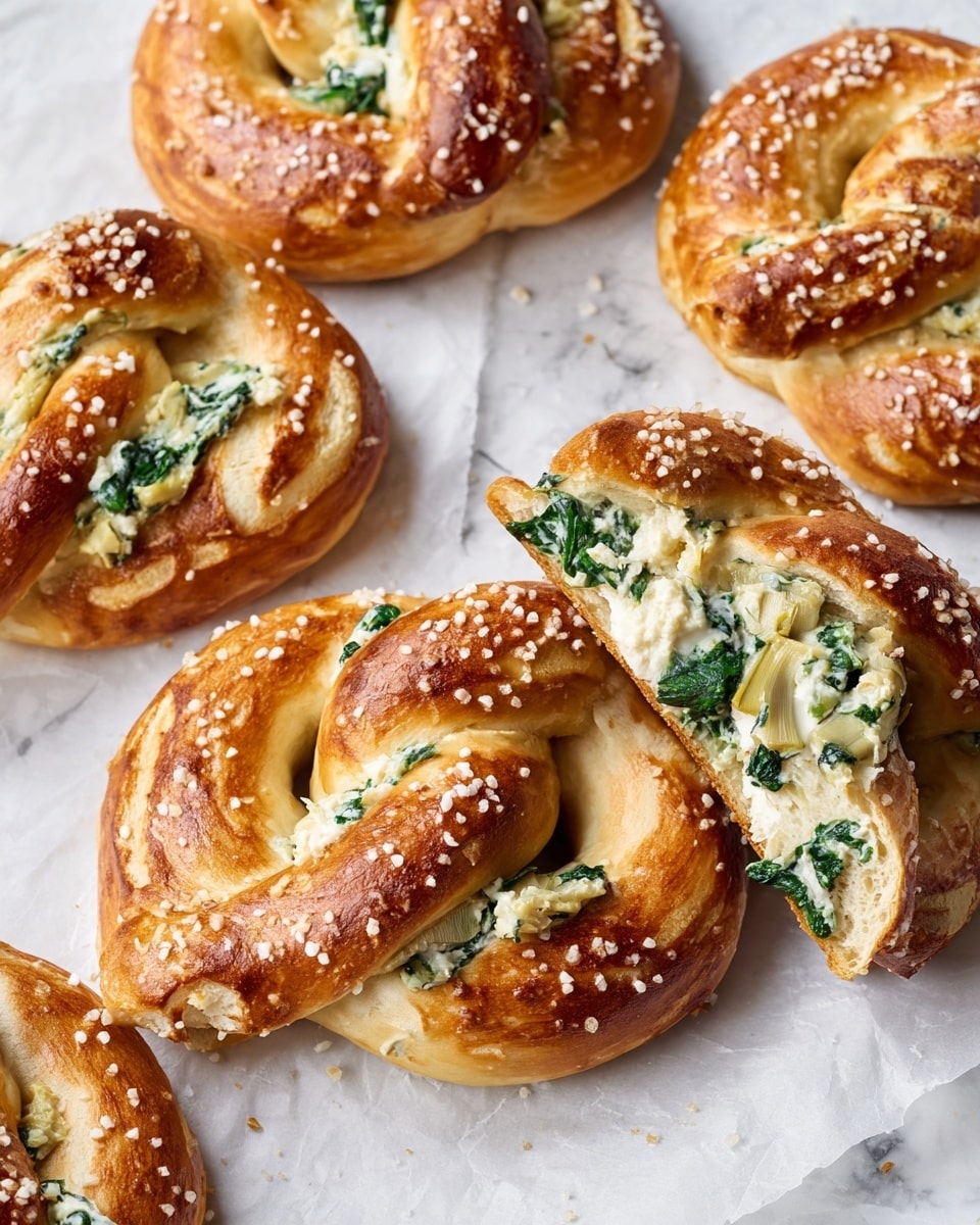The image shows several soft, golden-brown pretzels covered with coarse salt. One pretzel is broken in half, revealing a creamy filling inside made of white cheese mixed with green spinach leaves and small pieces of light beige artichoke. The pretzels have four main parts twisted into their classic shape with a slightly shiny crust. They are placed on white baking paper, all sitting on a white marbled surface. photo taken with an iphone --ar 4:5 --v 7