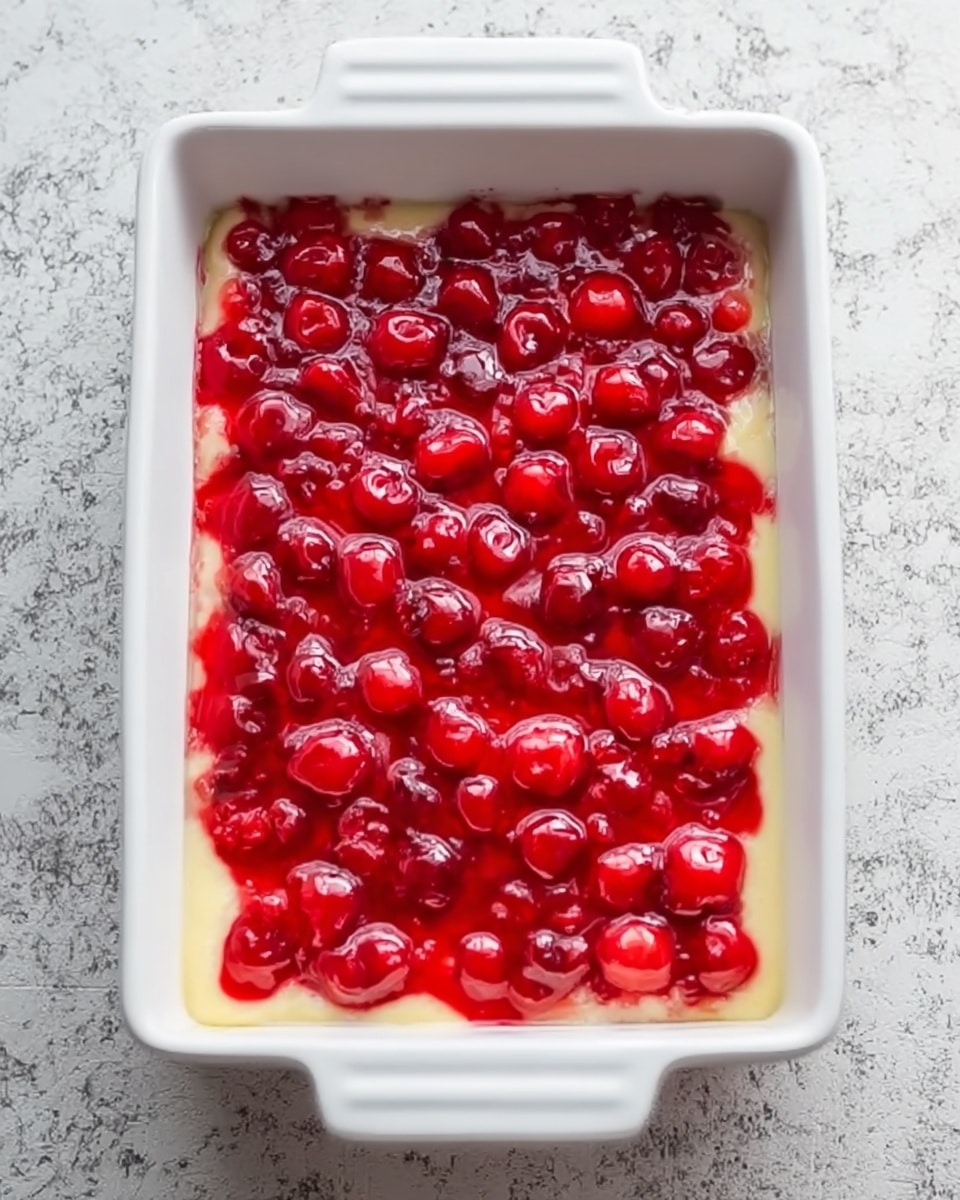 A white rectangular baking dish filled with a smooth, pale yellow batter layer at the bottom, topped evenly with a bright red cherry sauce layer covering the entire surface. The cherries in the sauce are glossy and plump, creating a rich, textured look against the pale base. The dish is placed on a white marbled surface. photo taken with an iphone --ar 4:5 --v 7