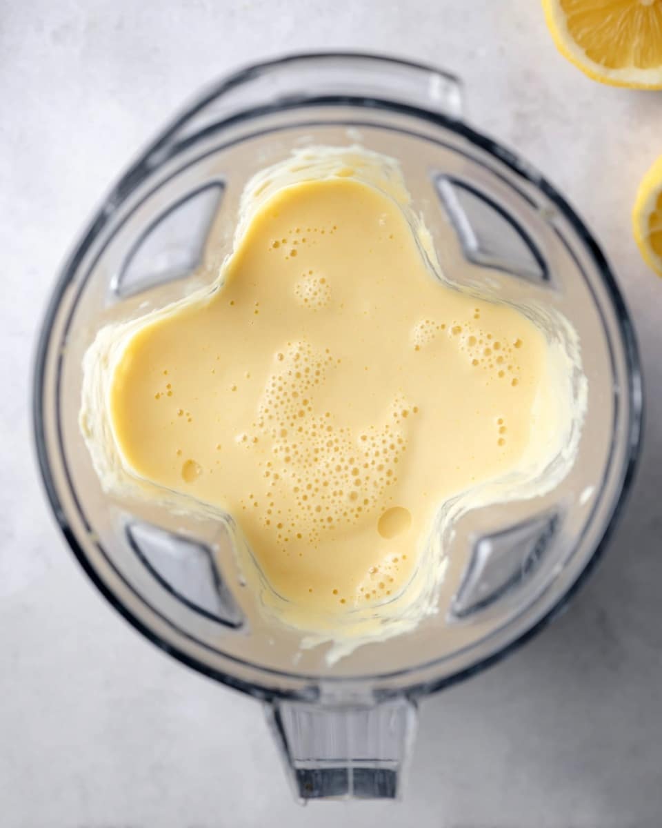 A clear blender jar seen from above holds a smooth, creamy pale yellow mixture with soft texture and a few small bubbles on the surface. The blender sits on a white marbled surface with a lemon wedge placed near the jar, adding a fresh touch to the scene. The mixture fills most of the blender base, showing a thick consistency ready to be poured or used. Photo taken with an iphone --ar 4:5 --v 7