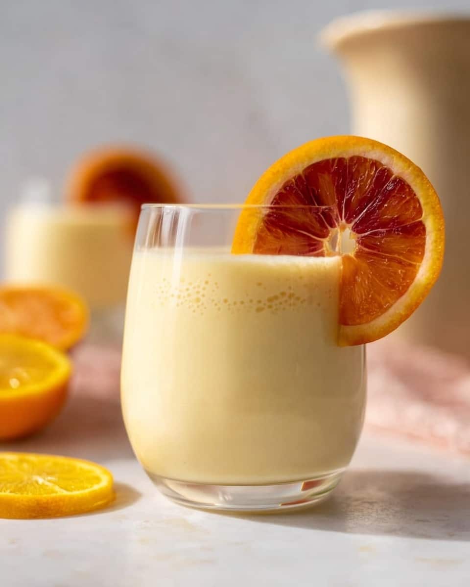 A clear glass filled with one smooth, creamy pale yellow drink, almost to the top, with tiny air bubbles visible inside. On the rim of the glass, there are two citrus slices: a larger deep red-orange slice at the back and a smaller bright yellow-orange slice in front. The glass sits on a white marbled surface with a blurred background that includes another similar drink and a light beige pitcher. The photo has soft, natural light coming from the left side. Photo taken with an iphone --ar 4:5 --v 7