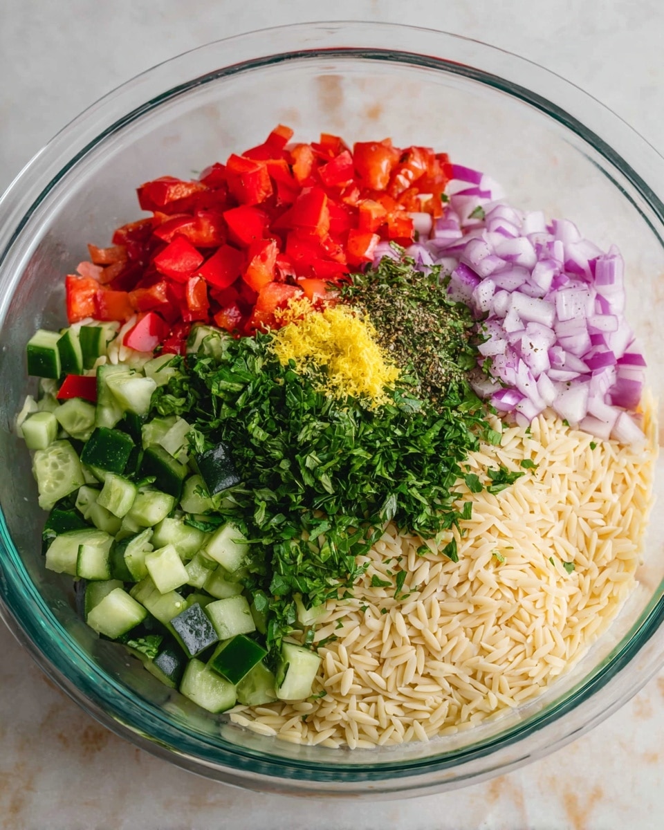 A large clear glass bowl is filled with layers of fresh ingredients on a white marbled surface. The bottom right part of the bowl holds a large layer of pale, cooked orzo pasta. Next to it, in the bottom left section, there is a layer of bright green cucumber pieces with skin. Above the cucumbers, there are vibrant red diced bell peppers. To the left, finely chopped purple onions add a splash of color. In the center and upper center are small piles of fresh green herbs, including parsley and basil. Near the herbs, a little mound of yellow lemon zest and a small bit of minced garlic create texture and detail. A sprinkle of black pepper sits next to the herbs, adding contrast. The layers are distinct and not yet mixed, showing the fresh ingredients ready to be combined. Photo taken with an iphone --ar 4:5 --v 7