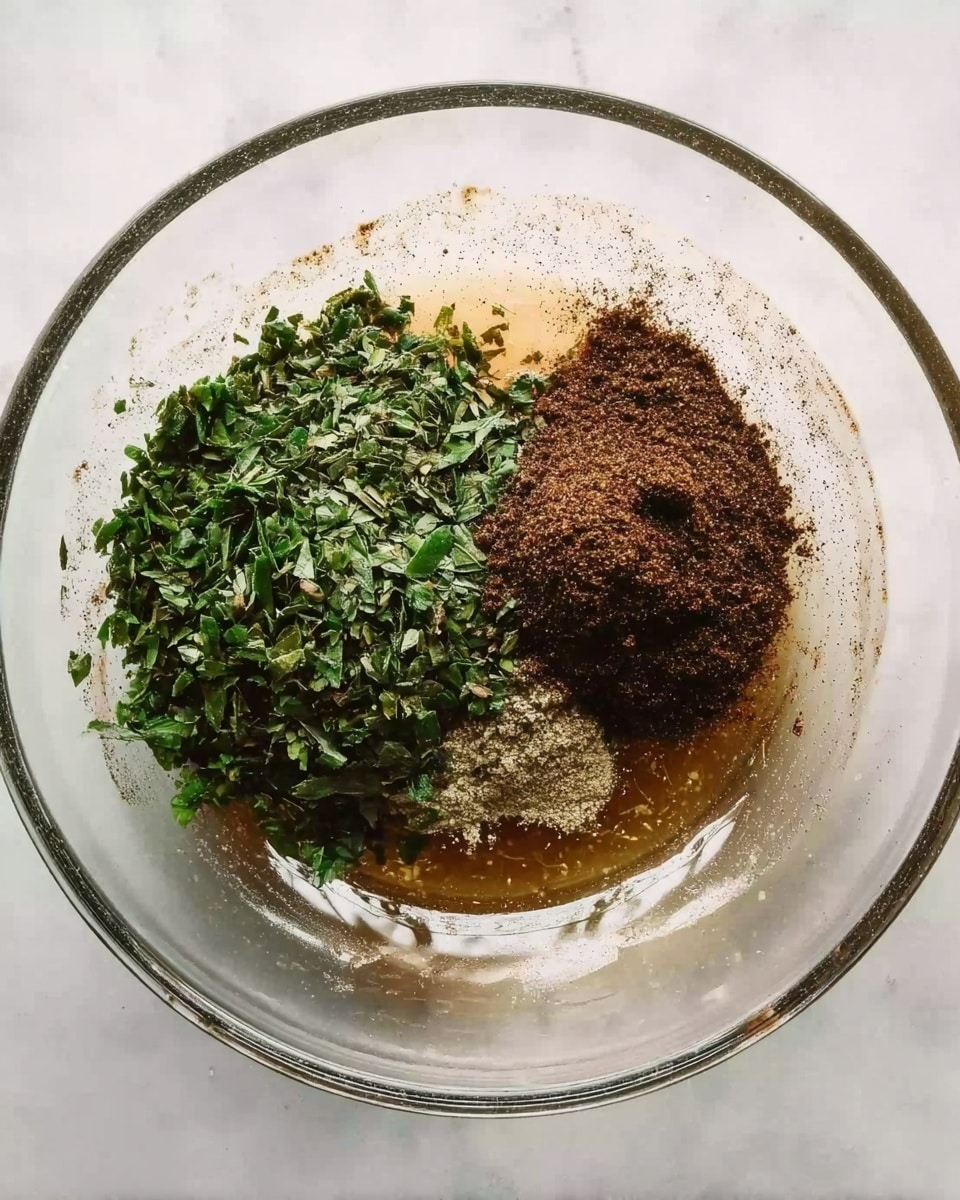 A clear glass bowl sits on a white marbled surface, holding three main layers of ingredients. On the left side, a large pile of finely chopped green herbs covers about one-third of the bowl’s space. To the right of the herbs, there is a dark brown powdery spice with a smooth texture, sitting in a small mound. Surrounding both these layers and filling the rest of the bowl is a thin, light brown liquid, glistening and slightly translucent. The light reflects clearly on the liquid’s surface, highlighting its smoothness. photo taken with an iphone --ar 4:5 --v 7