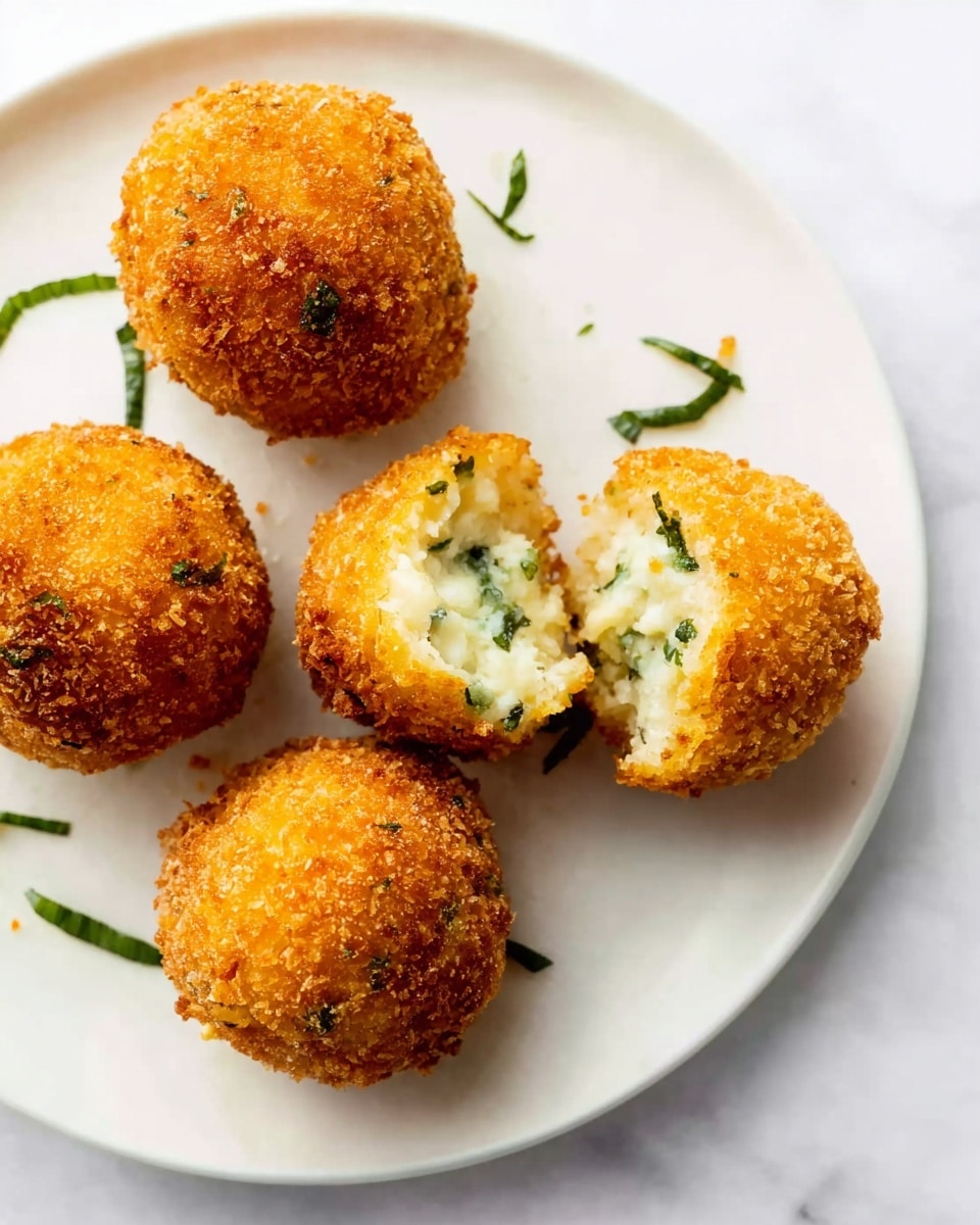 The image shows five golden-brown fried balls placed on a white plate with a white marbled surface underneath. Each ball has a crispy, crumbly texture on the outside. One ball is broken open, revealing a soft, creamy inside with small green herbs mixed within. The balls are evenly spaced on the plate, showing a nice contrast between the crunchy outside and smooth inside. Photo taken with an iphone --ar 4:5 --v 7