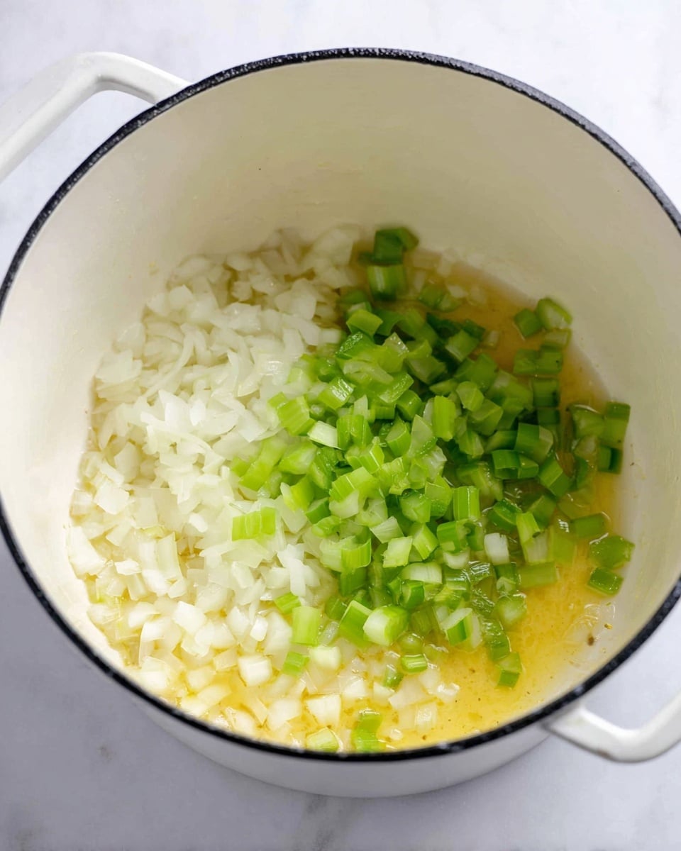Inside a white pot with a black rim, there is a mix of chopped white onions and green celery pieces sitting on a layer of melted butter. The onions are finely diced and form a pale, creamy white base mostly to the left, while the bright green celery pieces rest on top and to the right. The shiny melted butter underneath adds a warm, yellow glow to the bottom layer. The pot is placed on a white marbled surface. Photo taken with an iphone --ar 4:5 --v 7