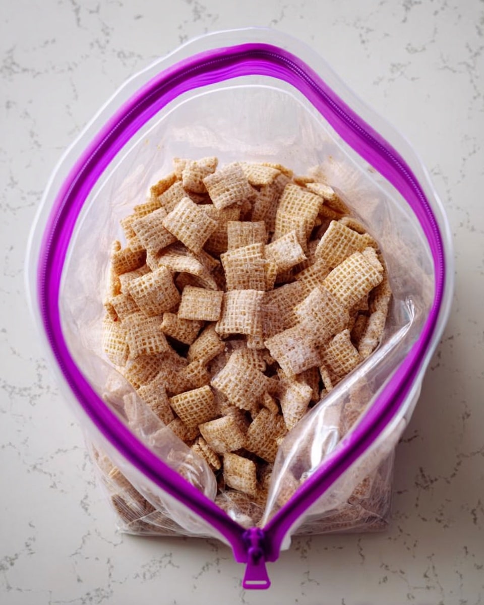 A clear plastic bag with a purple zipper is open and filled halfway with light tan cereal squares that have a grid pattern on them. The bag sits on a white marbled surface, and the image is taken from above showing the cereal pieces inside clearly. The cereal pieces look dry and crunchy, filling the bottom center of the bag. Photo taken with an iphone --ar 4:5 --v 7