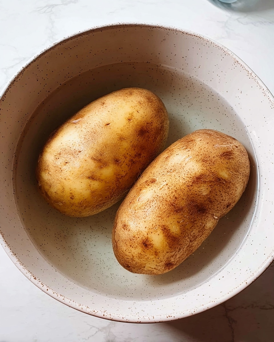 The image shows two whole, unpeeled potatoes submerged in clear water inside a large white bowl with small brown speckles. The potatoes have a rough, textured skin with a mix of light brown and darker brown spots. The bowl sits on a white marbled surface. The photo is bright and clear, showing the details of the potatoes and the bowl. photo taken with an iphone --ar 4:5 --v 7