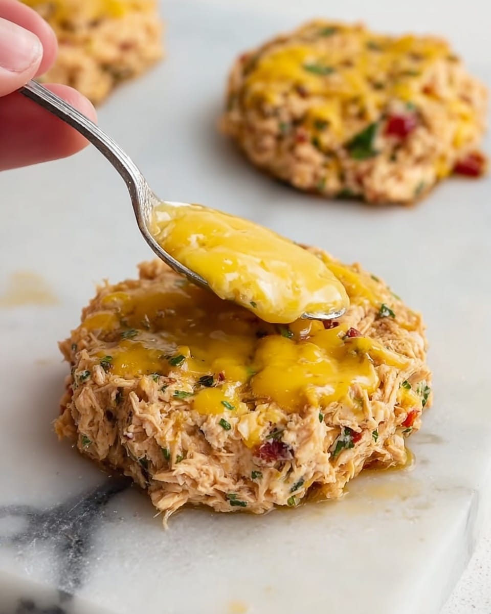 A close-up view of a round, thick patty made of shredded light brown chicken mixed with small bits of green herbs and red pieces, placed on a white marbled surface. On top of the patty, a layer of melted yellow cheese with a slightly shiny and soft texture is being spread evenly by a silver spoon held by a woman's hand. In the background, another similar patty is visible, slightly out of focus. photo taken with an iphone --ar 4:5 --v 7