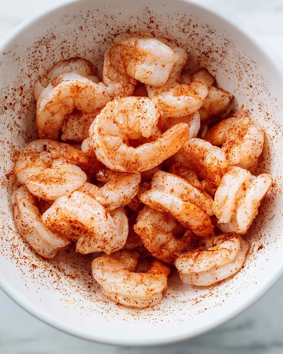 A white bowl filled with a single layer of small cooked shrimp, each shrimp having a pale pink and white color with a soft, smooth texture. The shrimp are coated evenly with a reddish-brown spice powder that is scattered lightly around the inside of the bowl. The bowl sits on a white marbled surface, showing a close-up view of the shrimp and spices. photo taken with an iphone --ar 4:5 --v 7