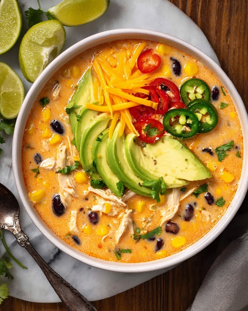 A white bowl is filled with creamy orange soup layered with shredded white chicken pieces, black beans, chopped yellow corn, and diced red tomatoes, all floating in the rich broth. On top, there are several slices of bright green avocado neatly arranged in one corner along with two lime wedges on the side of the bowl. Small green herbs are scattered on the surface, adding a fresh touch. The bowl sits on a rustic wooden board with a lime wedge placed next to it, and there is a white bowl with lime slices in the blurred background, all on a white marbled surface. Photo taken with an iphone --ar 4:5 --v 7