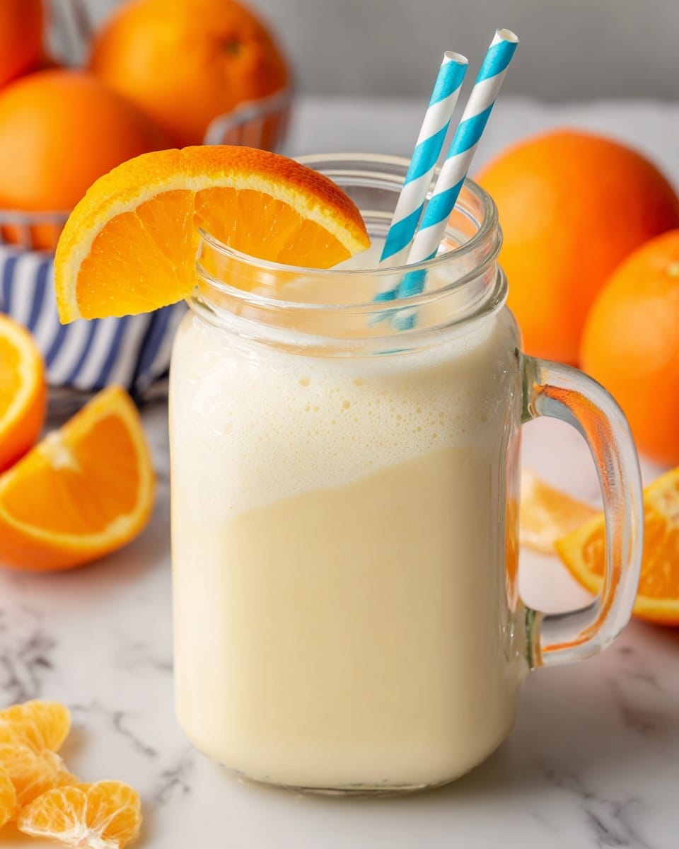 A clear glass mason jar filled with a creamy pale yellow smoothie with a thick foamy top layer. On the rim of the jar sits a bright orange slice, curved gently. A blue and white striped straw stands upright in the drink. The jar is placed on a white marbled surface with whole and sliced oranges blurred softly in the background. Photo taken with an iphone --ar 4:5 --v 7