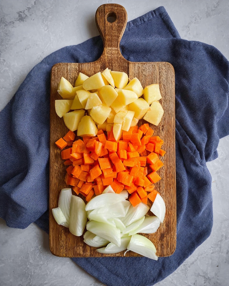 The image shows a wooden cutting board placed on top of a dark blue cloth, set against a white marbled surface. On the board, there are three layers of chopped vegetables arranged from top to bottom: large chunks of pale yellow potatoes at the top, small diced pieces of bright orange carrots in the middle, and thick slices of white onion at the bottom. The textures of the vegetables are fresh and natural, creating a colorful and simple composition. Photo taken with an iphone --ar 4:5 --v 7