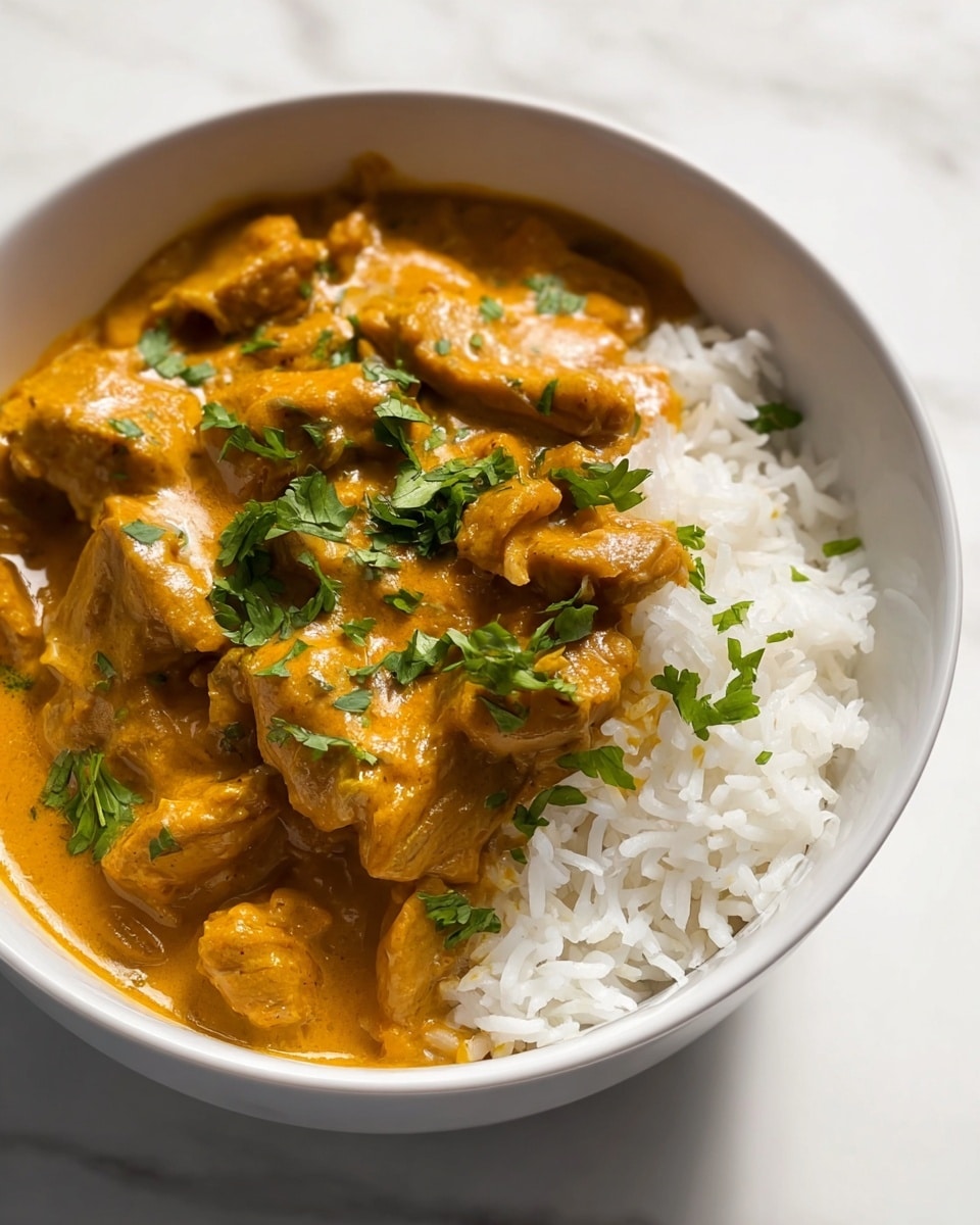 The image shows a white bowl filled with two layers: the bottom layer has white, fluffy rice with long grains, and the top layer features a thick, orange-yellow curry with large chunks of tender meat and small pieces of cooked onions mixed in. The curry is shiny and smooth, with green chopped herbs sprinkled over it for color contrast. The bowl is placed on a white marbled surface in soft natural light. photo taken with an iphone --ar 4:5 --v 7