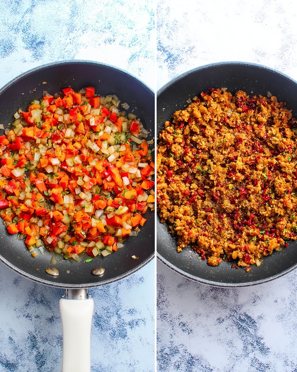 The image shows two stages of cooking in a white-handled black skillet placed on a white marbled texture. The left side features fresh, diced vegetables with bright orange and red pieces mixed with white and translucent small cubes, spread evenly in one thick layer. On the right side, the cooked vegetables have a darker, brownish-red color with a more compact, grainy texture, still retaining some visible small red chunks and seasoning bits in one even layer. Photo taken with an iphone --ar 4:5 --v 7