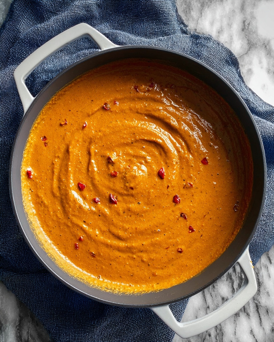 The image shows one thick layer of smooth orange curry sauce with a few small red bits scattered within, inside a dark gray pot with white handles, resting on a white marbled surface partially covered by a dark gray cloth. The sauce has a creamy texture with gentle swirls on top from stirring. photo taken with an iphone --ar 4:5 --v 7